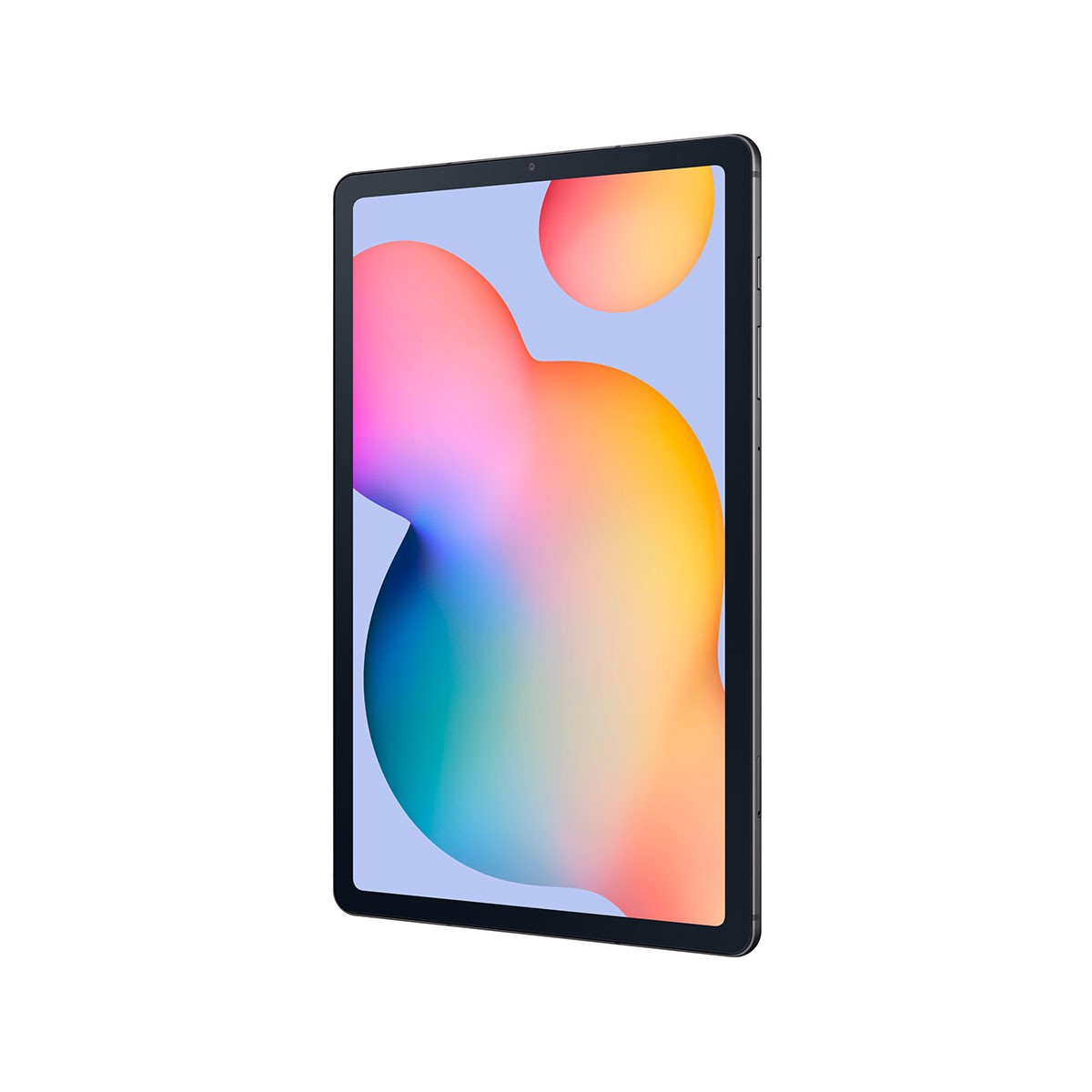 Tableta en ángulo. Pantalla muestra formas coloridas. Marco negro. Fondo blanco.