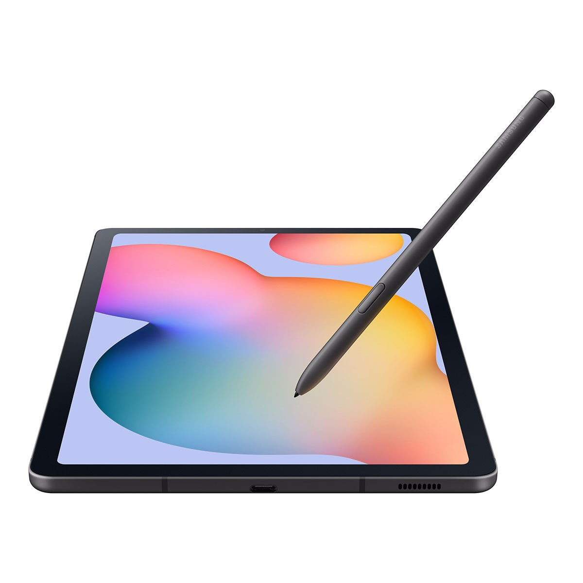 Una tableta Samsung negra con un lápiz óptico. La pantalla tiene un diseño colorido.