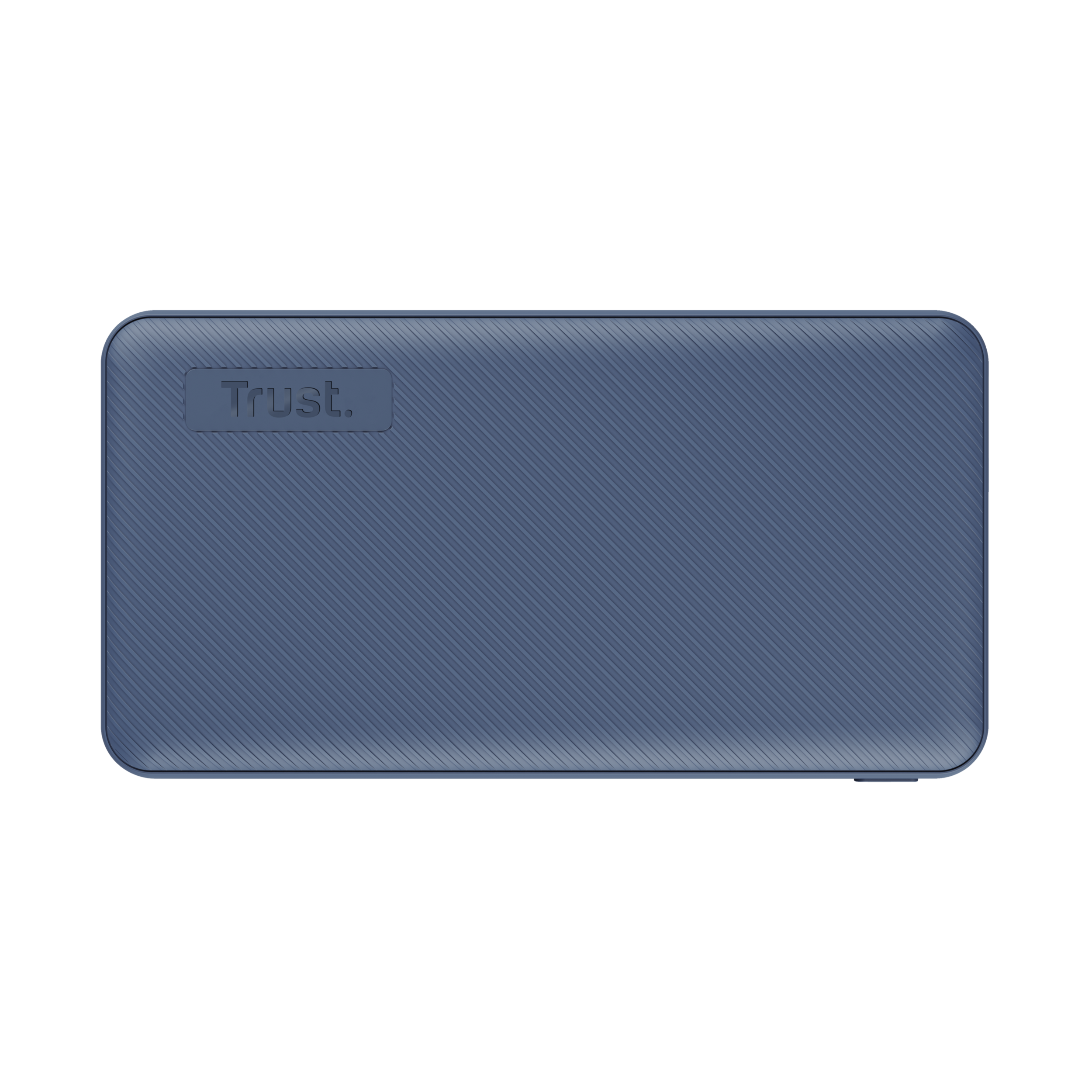 Blaues, rechteckiges Trust Powerbank mit strukturierter Oberfläche, schwarzer Hintergrund, Trust-Logo.