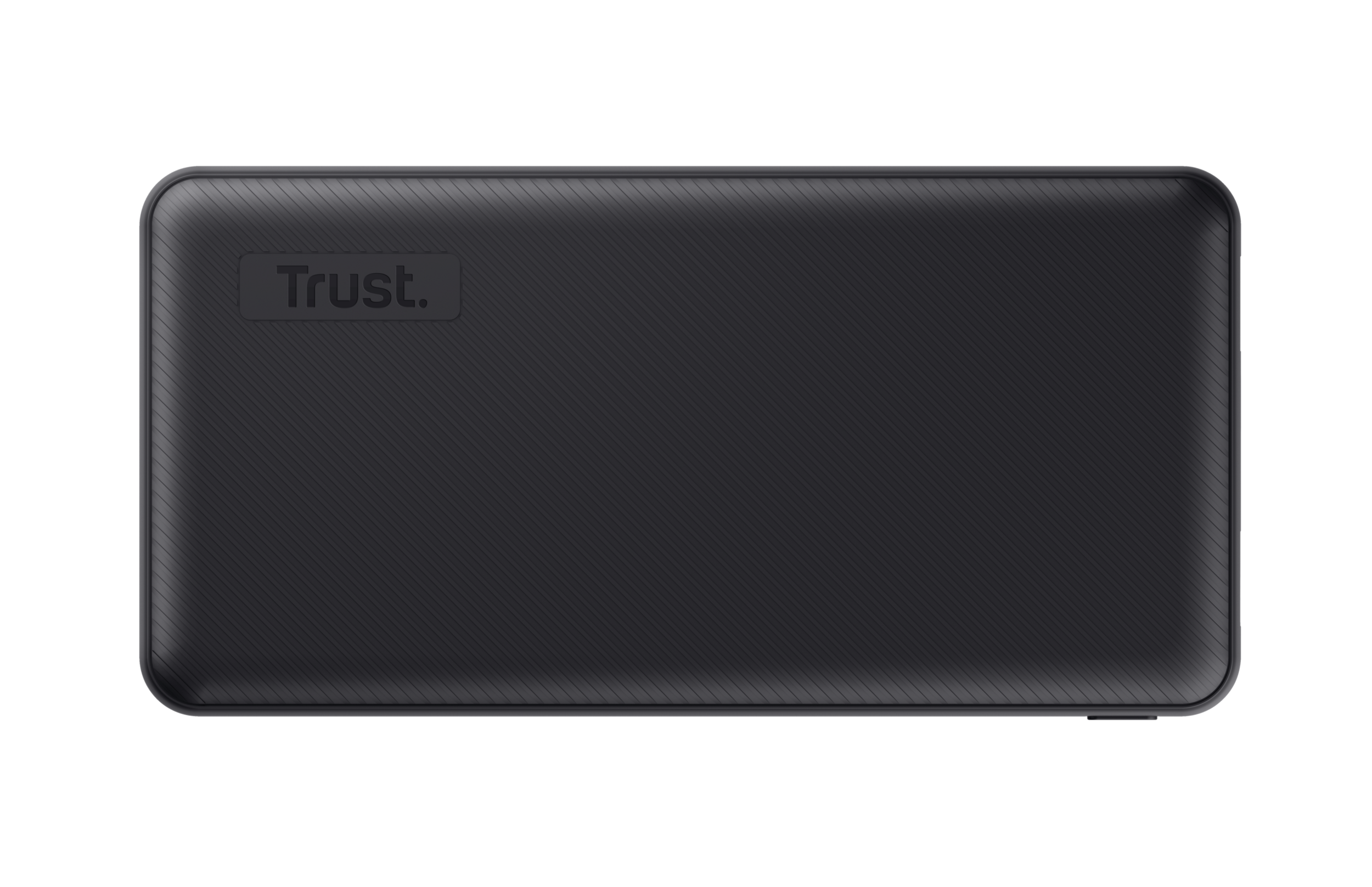 Czarny power bank z teksturowaną powierzchnią i napisem "Trust" na górze.