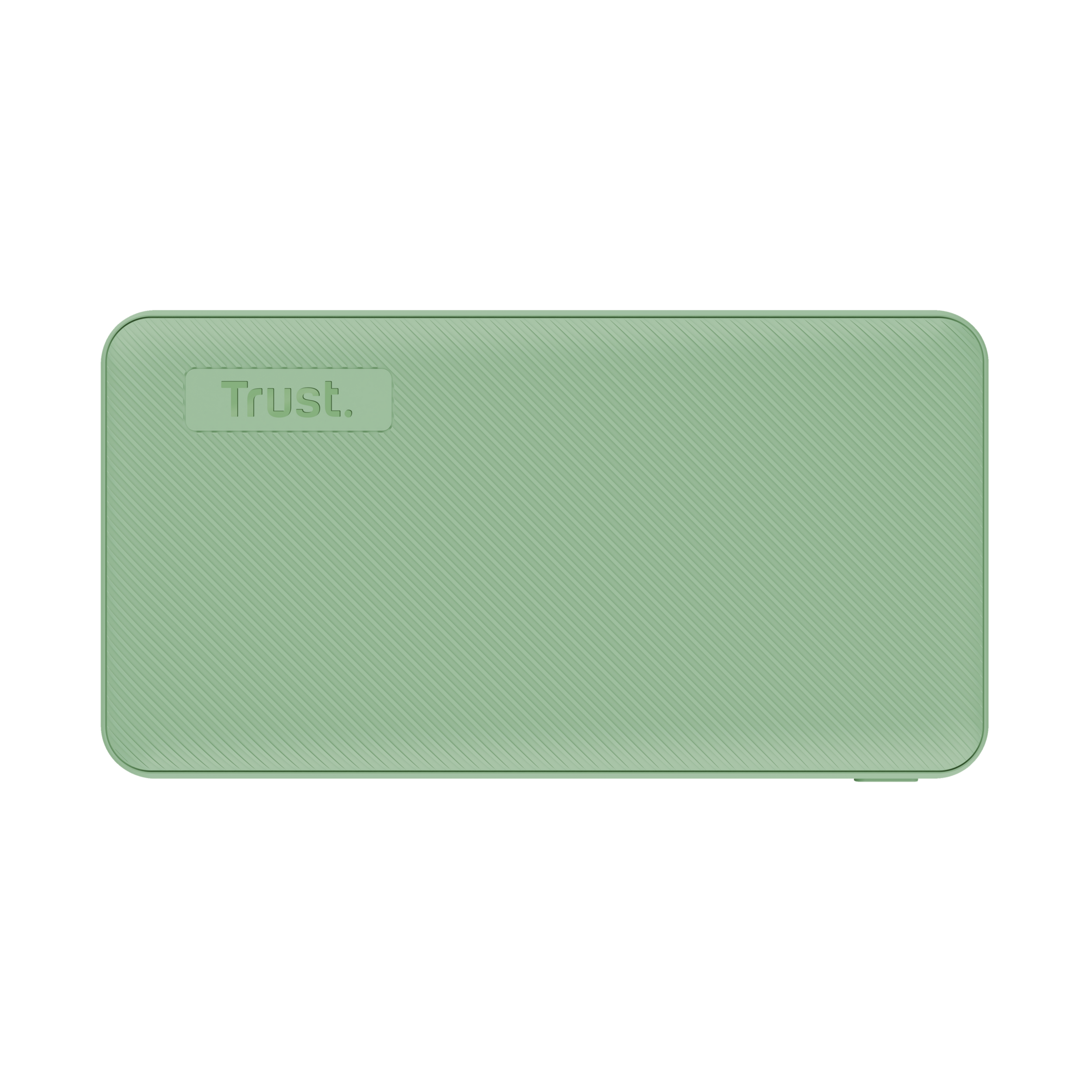 Groene, rechthoekige Trust-kaarthouder met diagonale lijnen. Het woord 'Trust' is in reliëf.