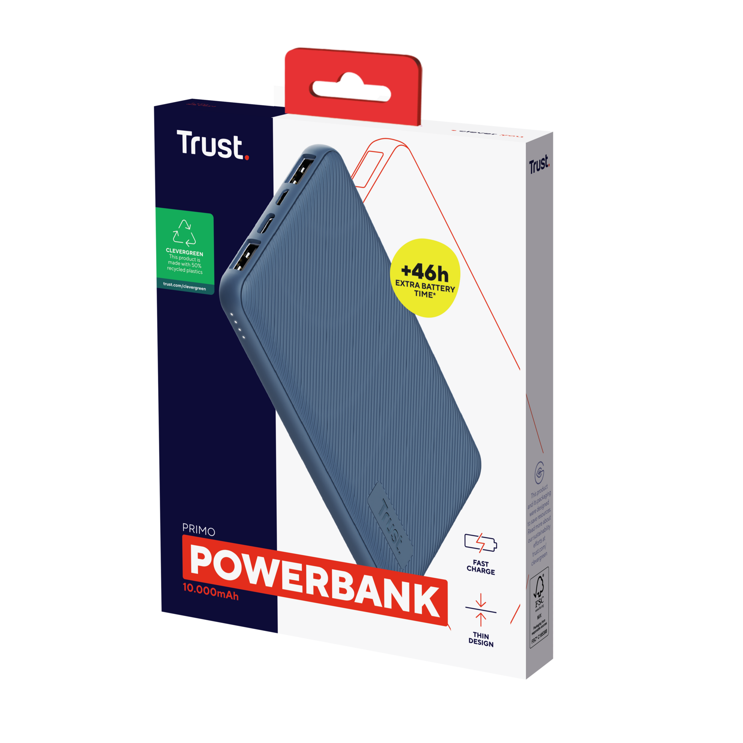 Blaue Powerbank auf weißer Box. Box hat Text und Bilder. Schwarzer Hintergrund.
