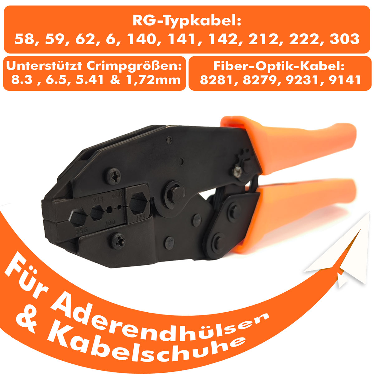 Crimpzange mit orangefarbenen Griffen und Textfeldern mit Kabeltypen und Crimpgrößen.