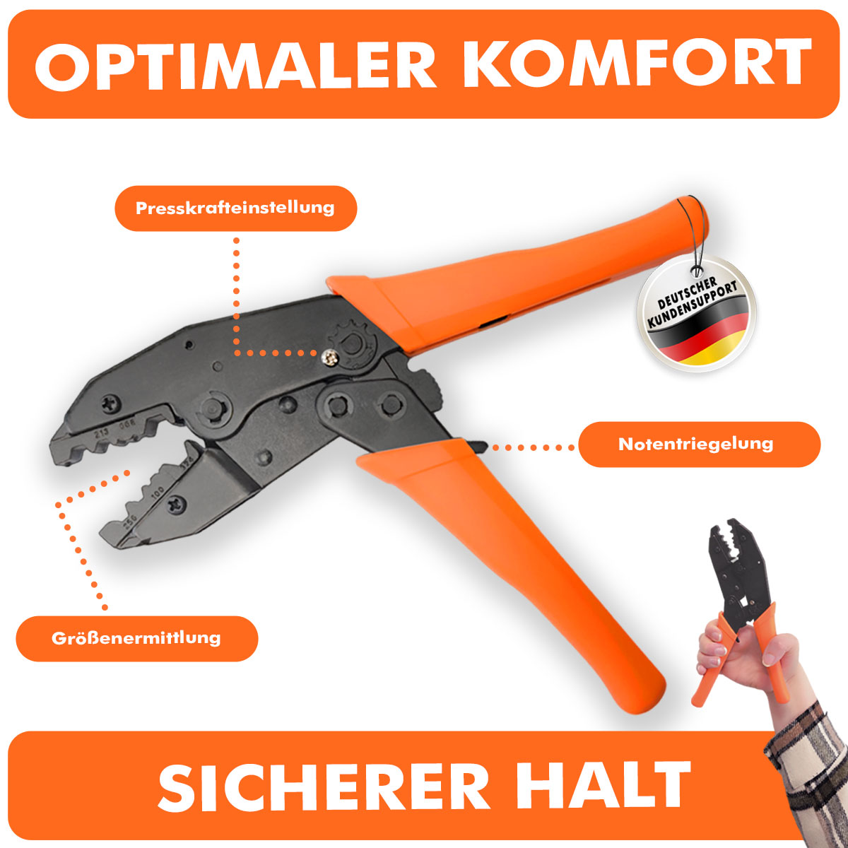 Crimpzange mit orangefarbenen Griffen, beschriftet, mit einer Hand, die ein kleineres Werkzeug hält.