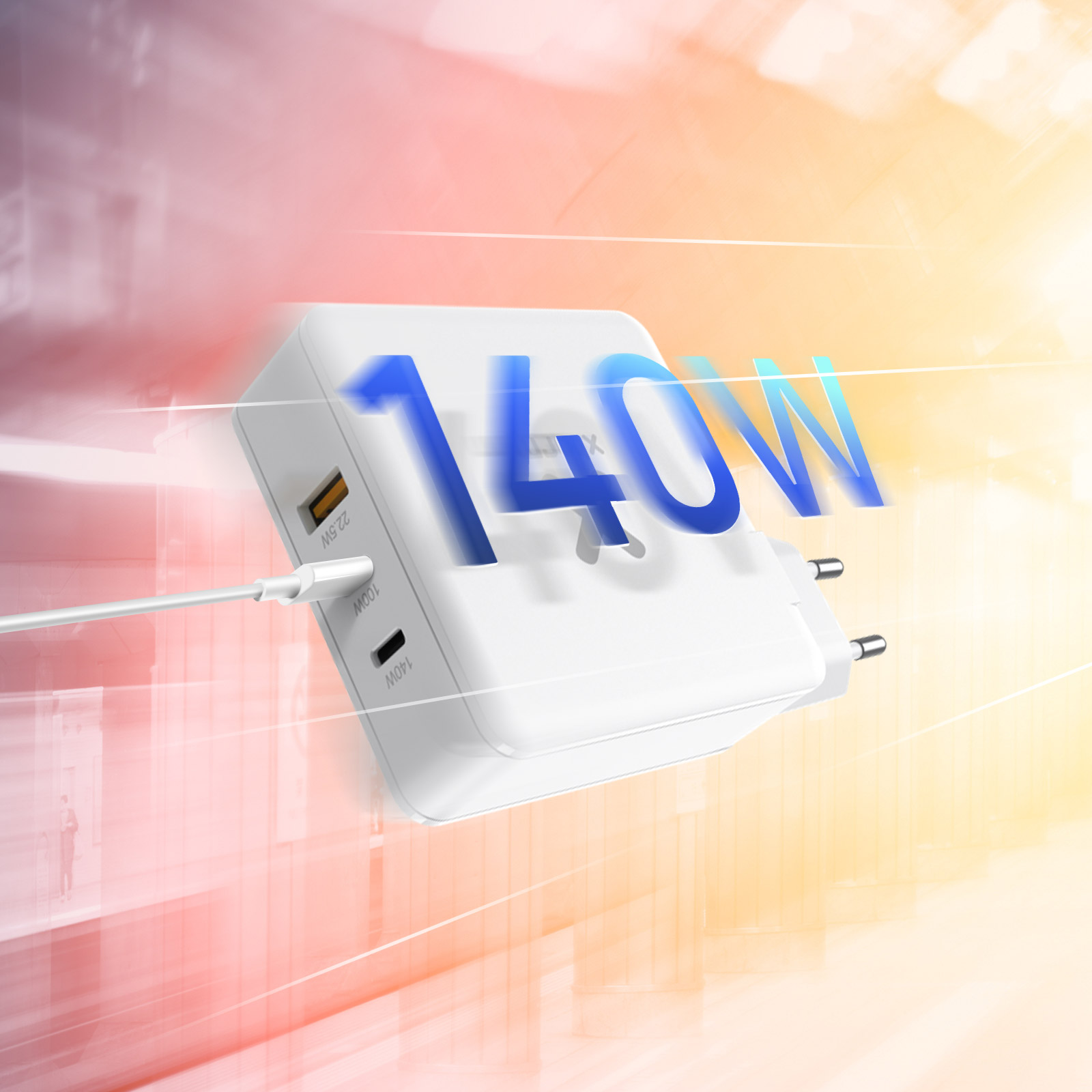 Ein weißer Netzadapter mit 140W-Text, einem Kabel und einem farbenfrohen Hintergrund.
