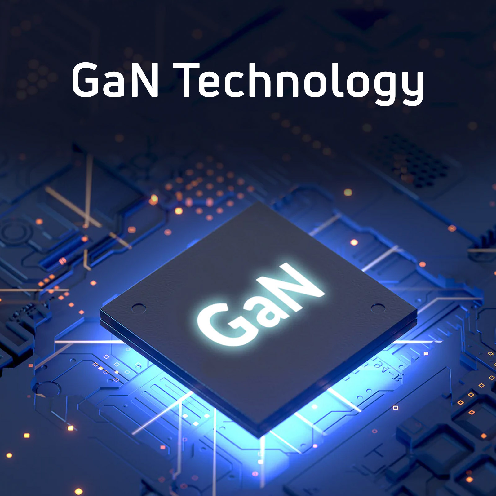 Ein GaN-Chip auf einer Leiterplatte, beleuchtet. Das GaN leuchtet.