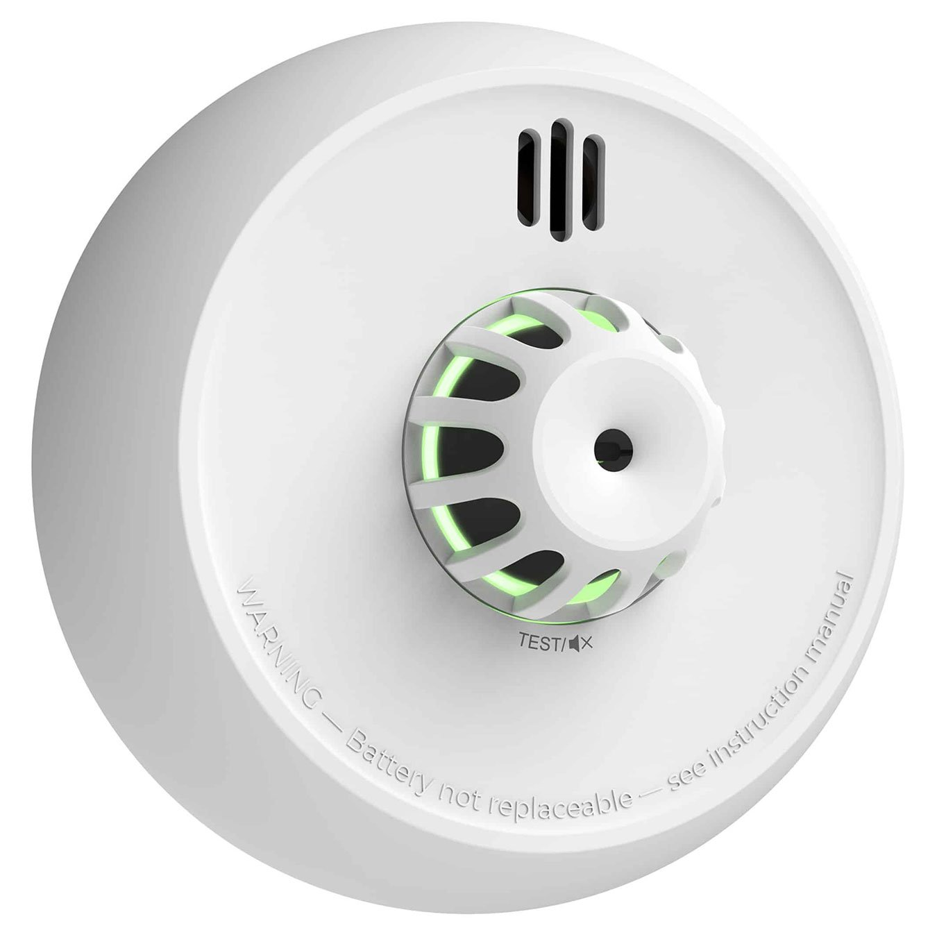 Witte rookmelder met groen licht en een testknop.
