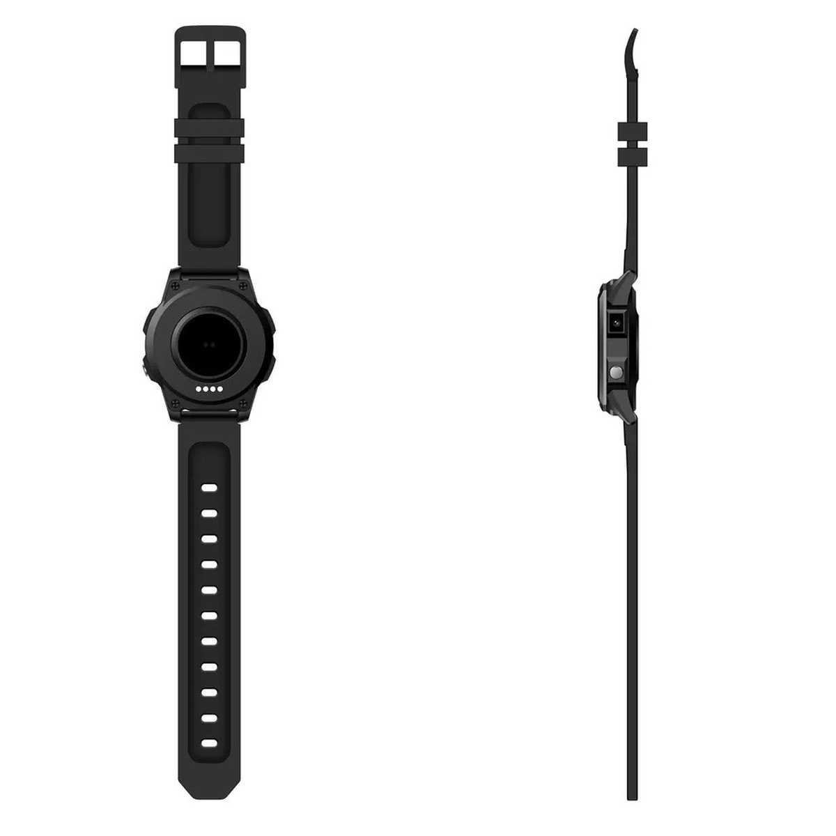 Eine schwarze Smartwatch von vorne und von der Seite, mit einem schwarzen Armband.