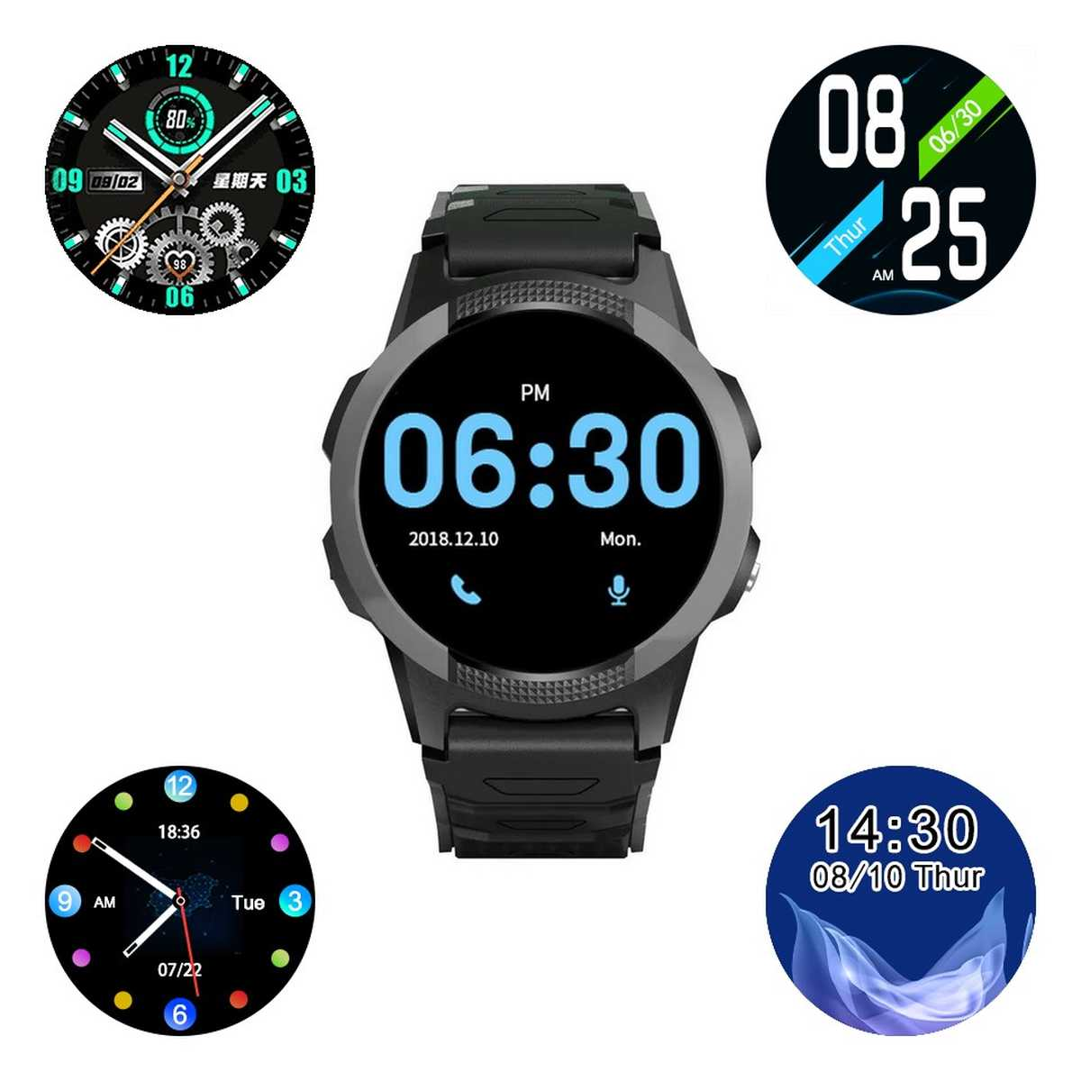 Smartwatch mit mehreren Zifferblättern, die Zeit und Daten anzeigen.