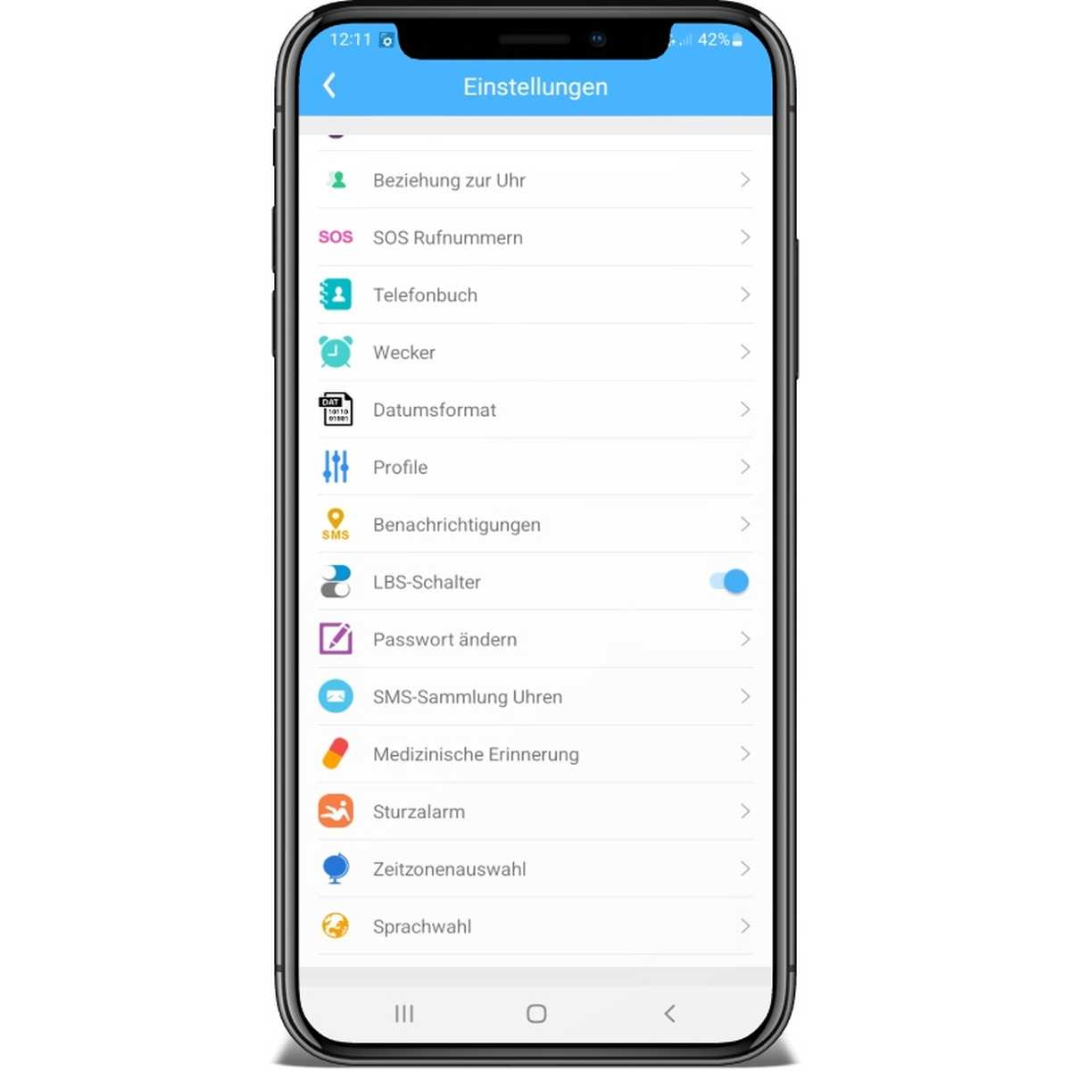 Smartphone-Bildschirm mit Einstellungsmenü. Optionen: Uhrverbindung, SOS-Nummern, Telefonbuch etc.