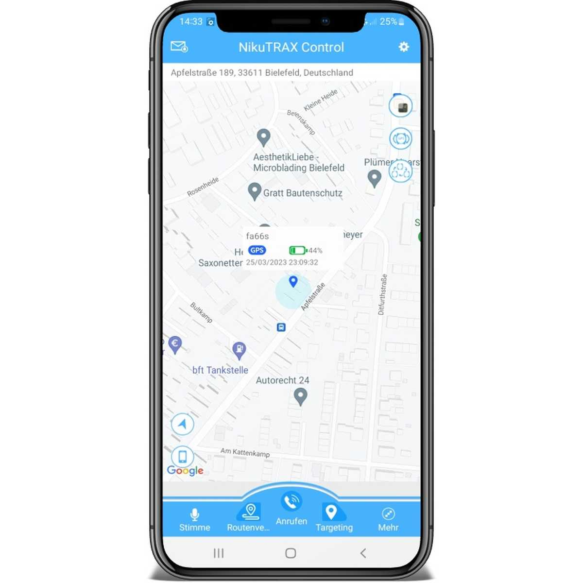 Ein Smartphone-Bildschirm mit einer Karte, die eine Route und mehrere Standortmarkierungen zeigt.