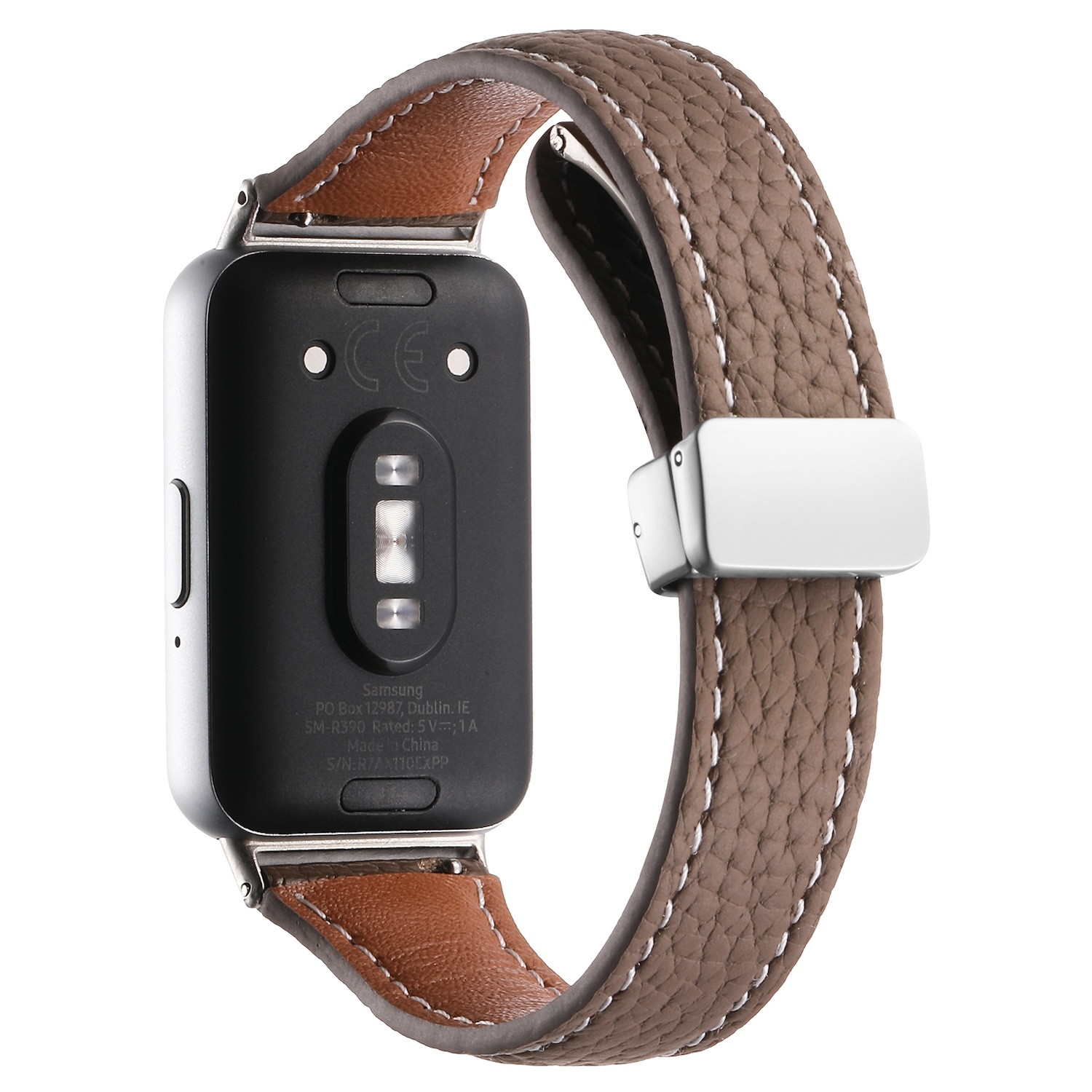 Smartwatch-Armband mit Lederarmband und Edelstahlverschluss und Uhrenrückseite.