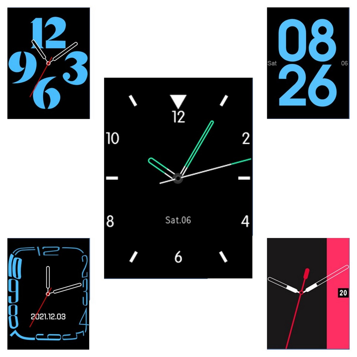 Verschiedene Smartwatch-Zifferblätter auf schwarzem Hintergrund, die verschiedene Zeiten anzeigen.