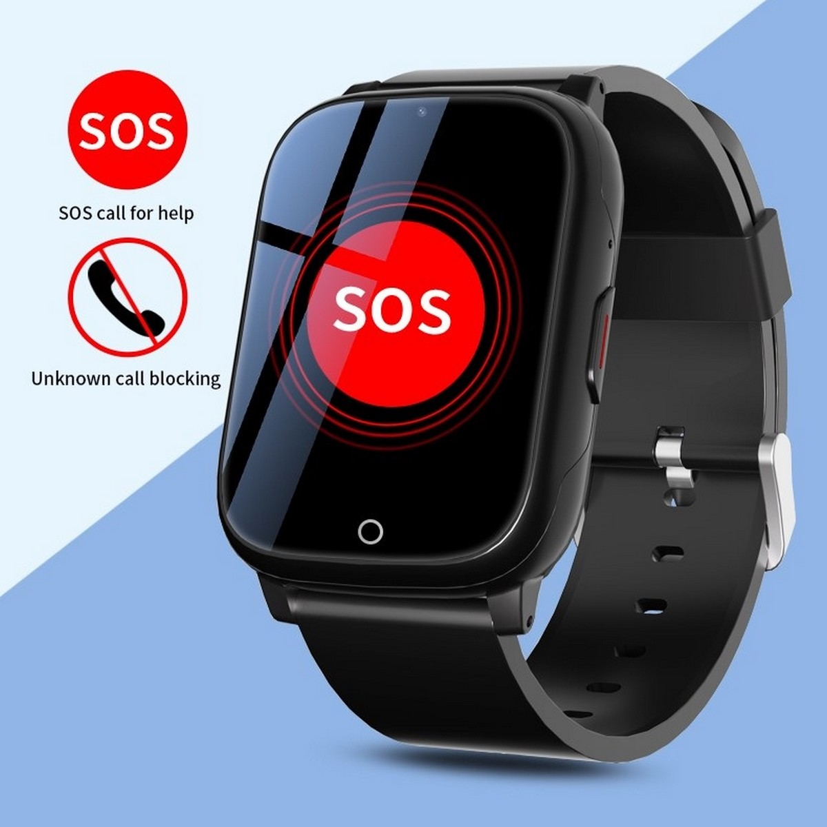 Eine schwarze Smartwatch mit SOS-Taste. Text: SOS, SOS-Hilferuf, Unbekannte Anrufblockierung. Blauer Hintergrund.