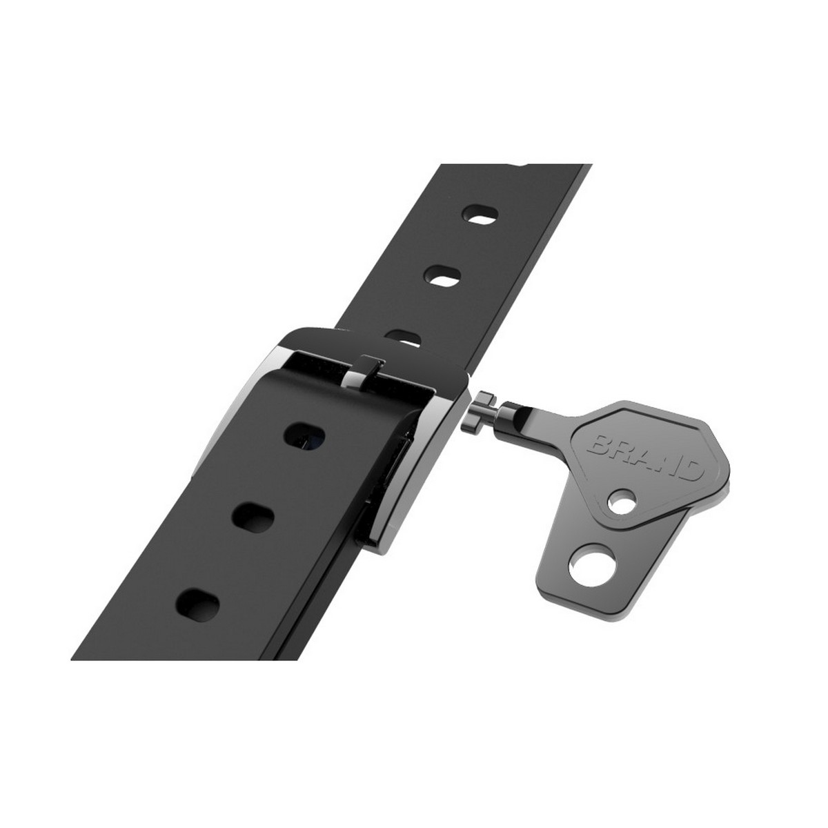 Schwarzes Uhrenarmband mit Schnalle und Werkzeug zum Öffnen auf weißem Untergrund.