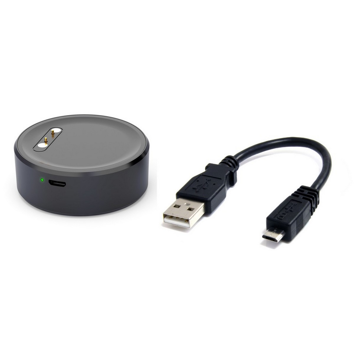Schwarzes Gerät und USB-Kabel. Gerät ist rund mit Micro-USB-Anschluss. Kabel hat USB-A und Micro-USB.