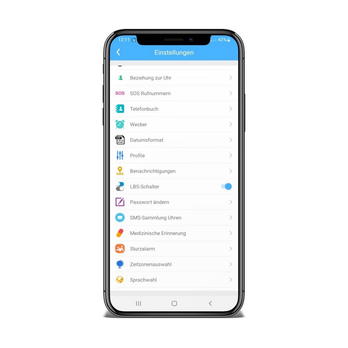 Smartphone, der Einstellungen anzeigt. Zeigt verschiedene App-Optionen.