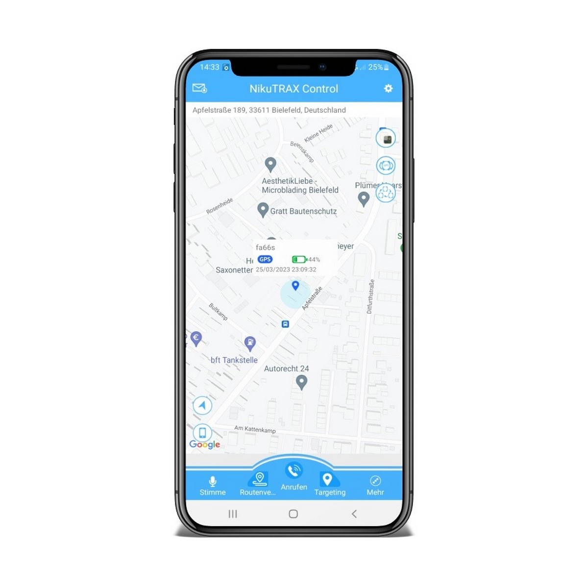 Smartphone zeigt eine Karte mit Navigationsoptionen und Benutzeroberflächenelementen.