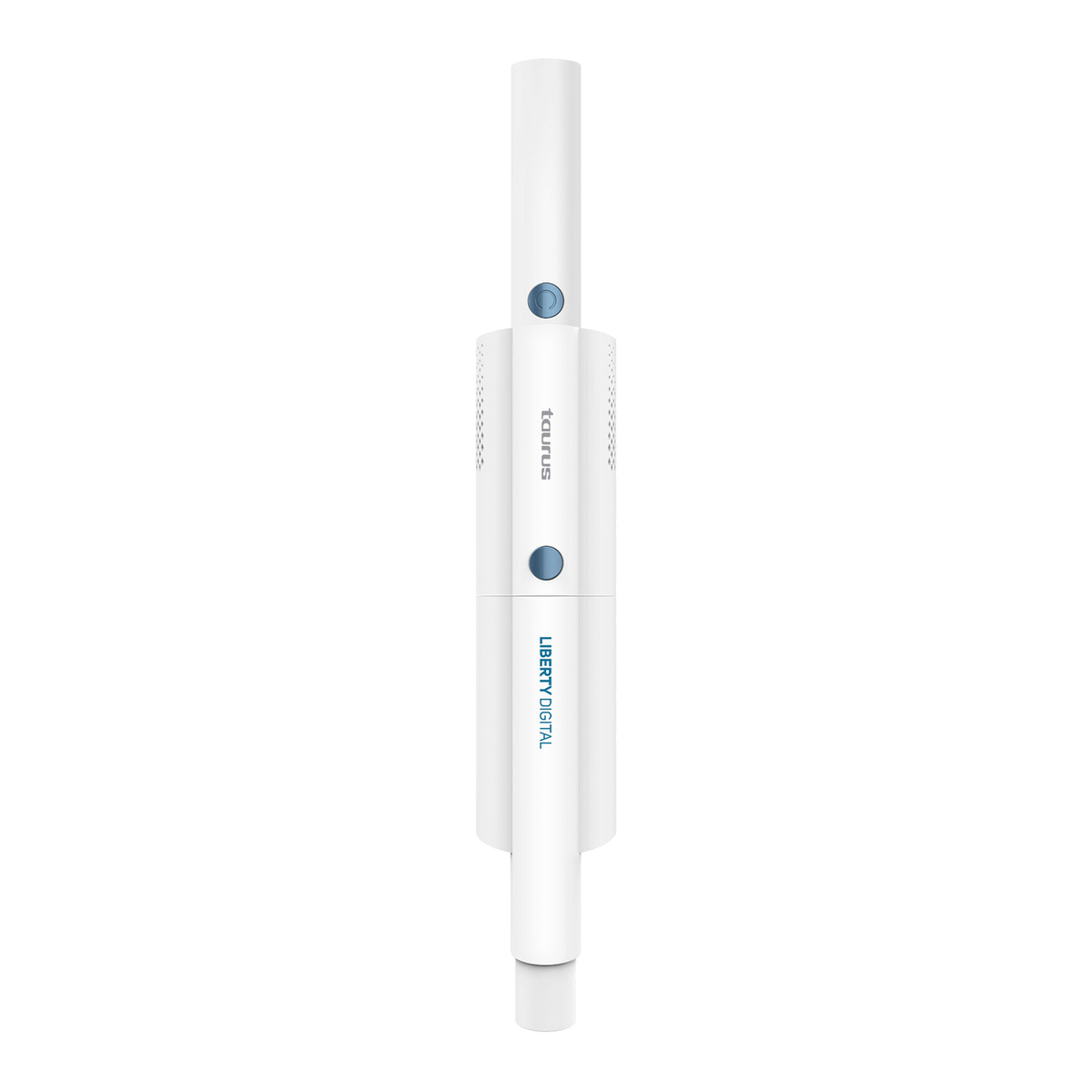 Dispositivo digitale bianco e blu con due pulsanti blu, su sfondo nero.