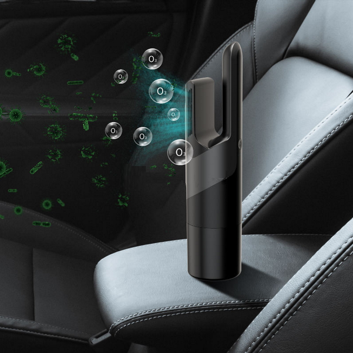 Dispositivo negro emitiendo burbujas de O3, colocado en un asiento de coche. Puntos verdes dispersos.