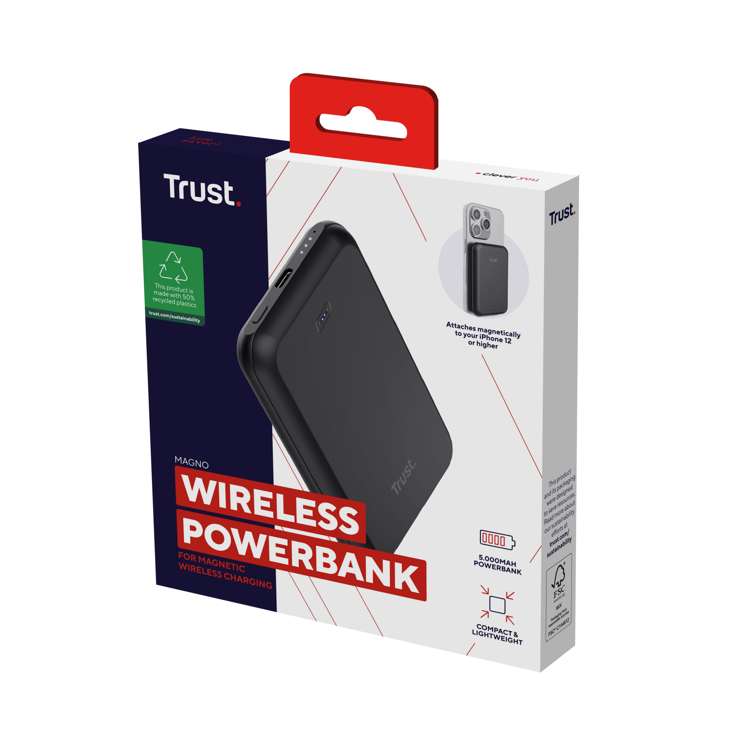 Power bank wireless nero in una scatola. Il testo include 'Wireless Powerbank' e 'Trust'.