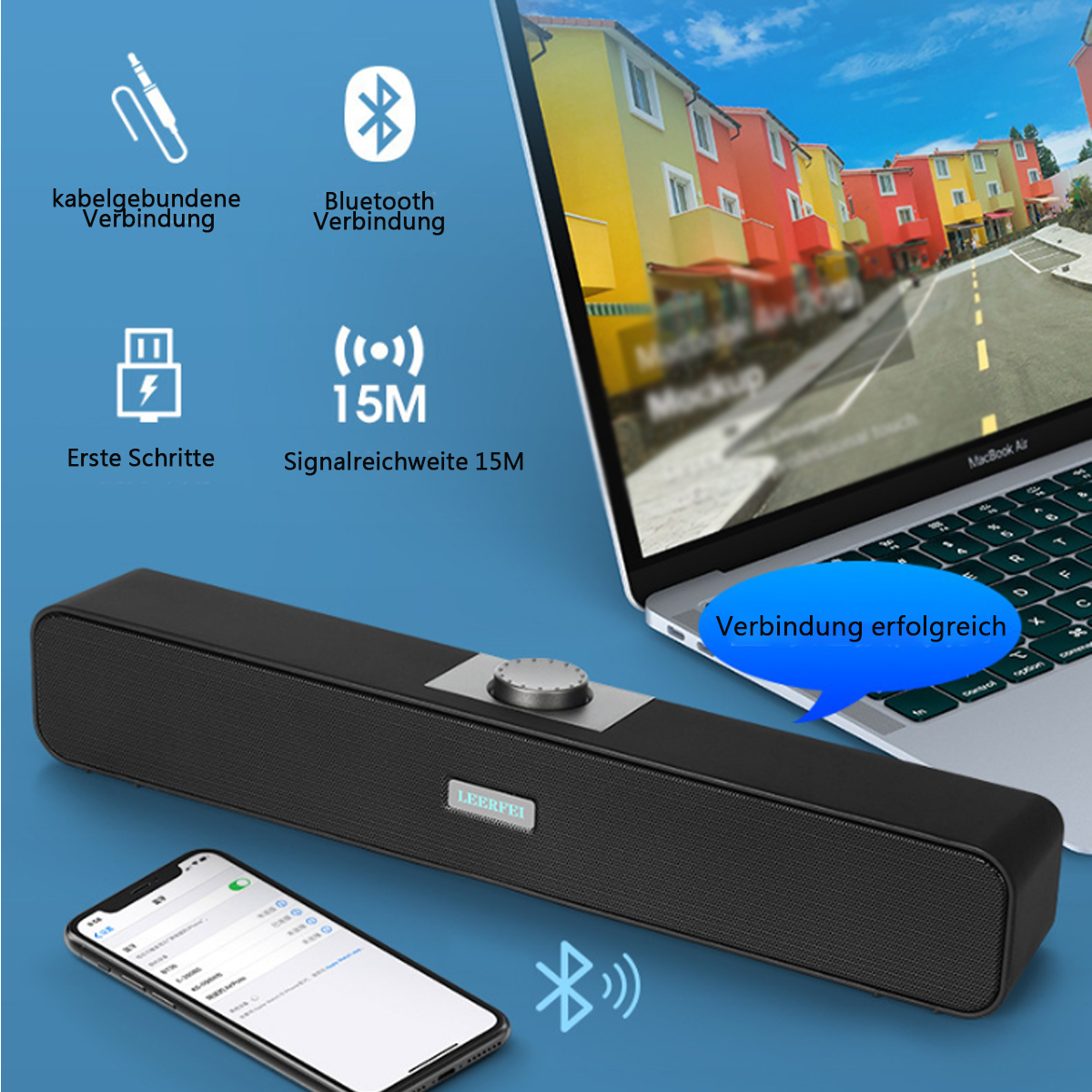 Eine schwarze Soundbar mit Laptop und Smartphone. Ein Bluetooth-Symbol wird ebenfalls angezeigt.