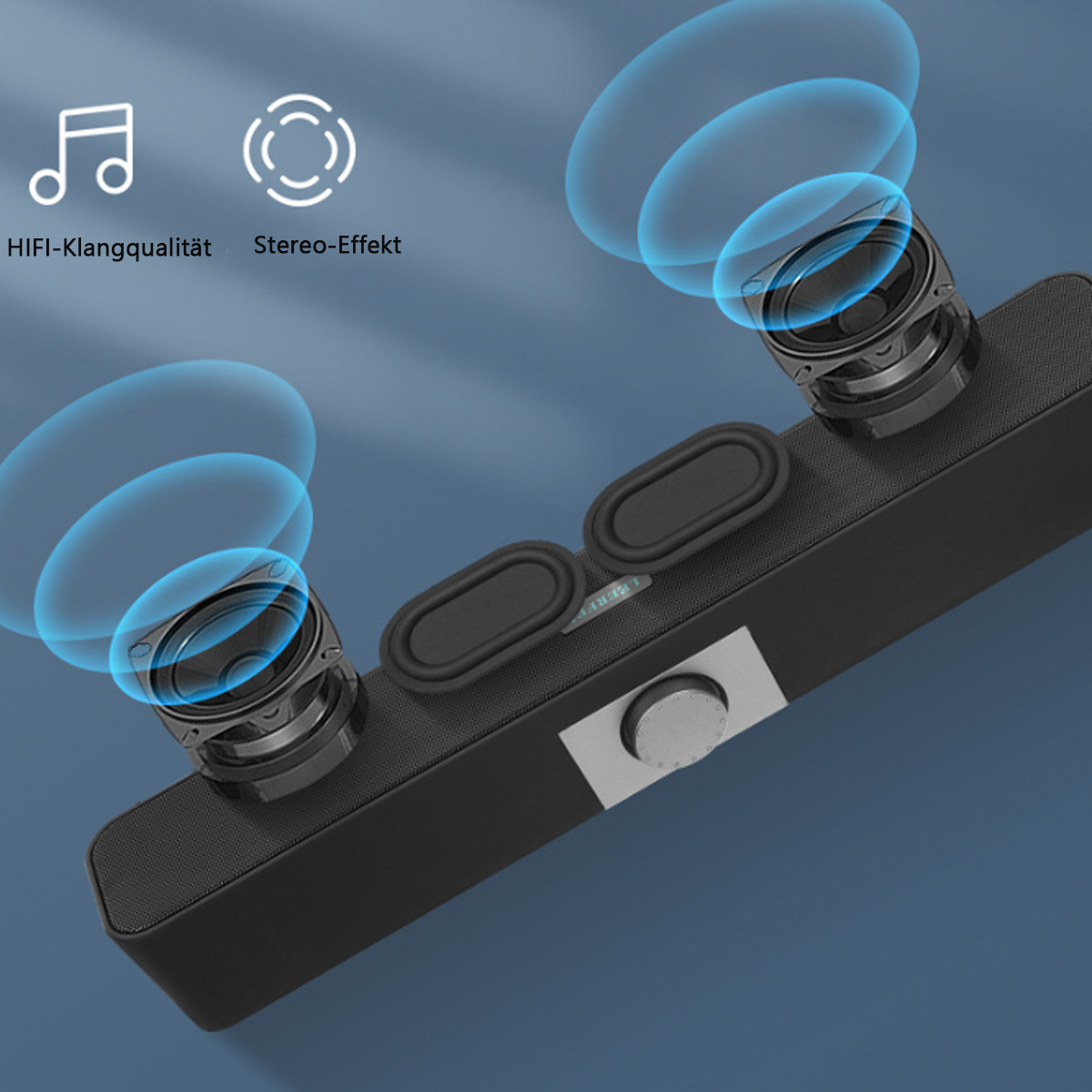 Schwarze Soundbar mit zwei Lautsprechern und Bedienknopf. Blaue Schallwellen gehen von den Lautsprechern aus. Text: HIFI-Klangqualität, Stereo-Effekt.