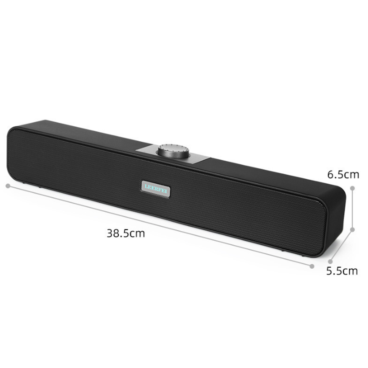 Schwarzer Soundbar-Lautsprecher mit beschrifteten Abmessungen. Ein silbernes Zifferblatt ist zentriert.