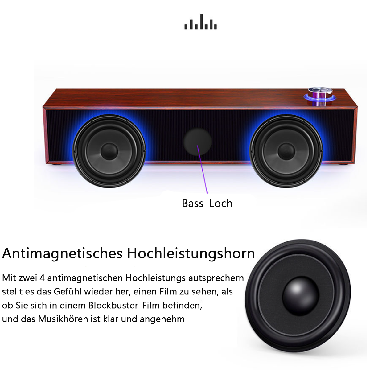 Altavoz de madera con dos altavoces y luz azul. Texto: "Bocina antimagnética."