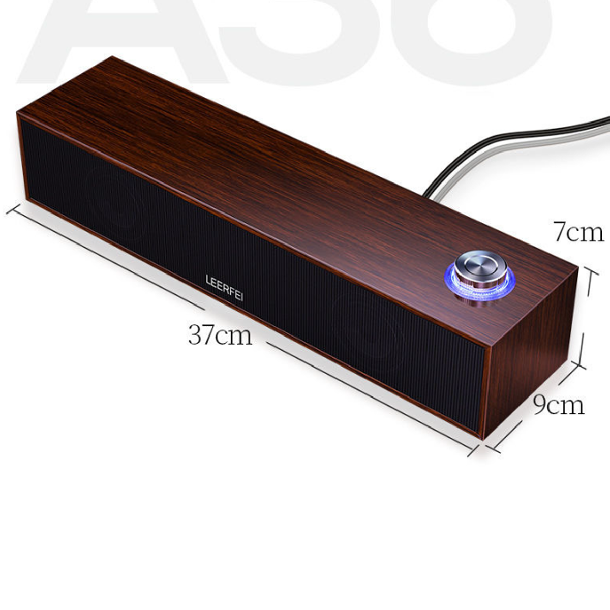 Un altavoz de madera con mando de volumen. Dimensiones: 37x9x7cm. Tiene una malla negra y la marca.