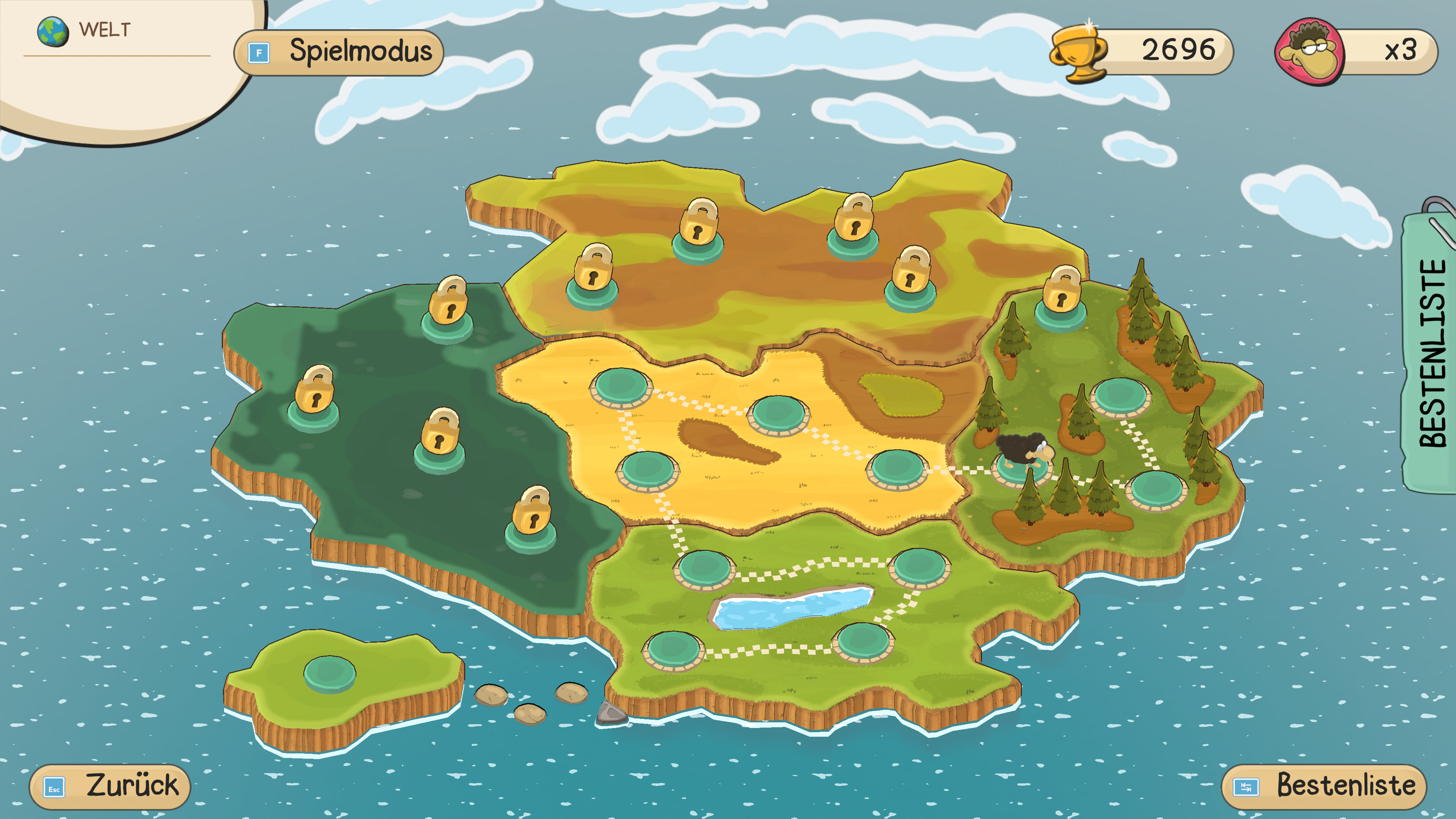 Screenshot einer Spielweltkarte mit verschiedenen, mit Schlössern markierten Levels und Erfolgen.