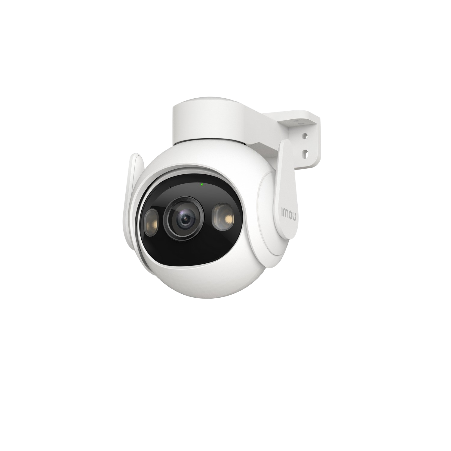 Biała kamera bezpieczeństwa z dwiema antenami. Kamera ma ciemny obiektyw i czarne tło.