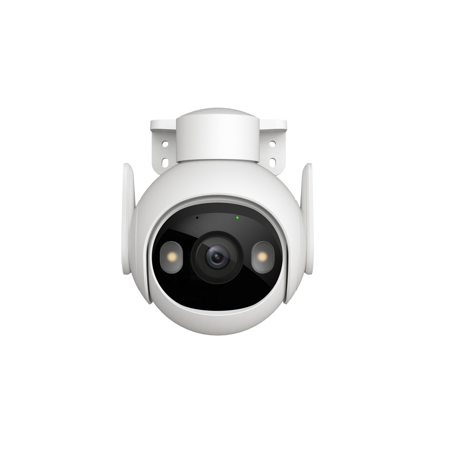 Biała kamera bezpieczeństwa z zaokrągloną górą i dwiema antenami, czarne tło.