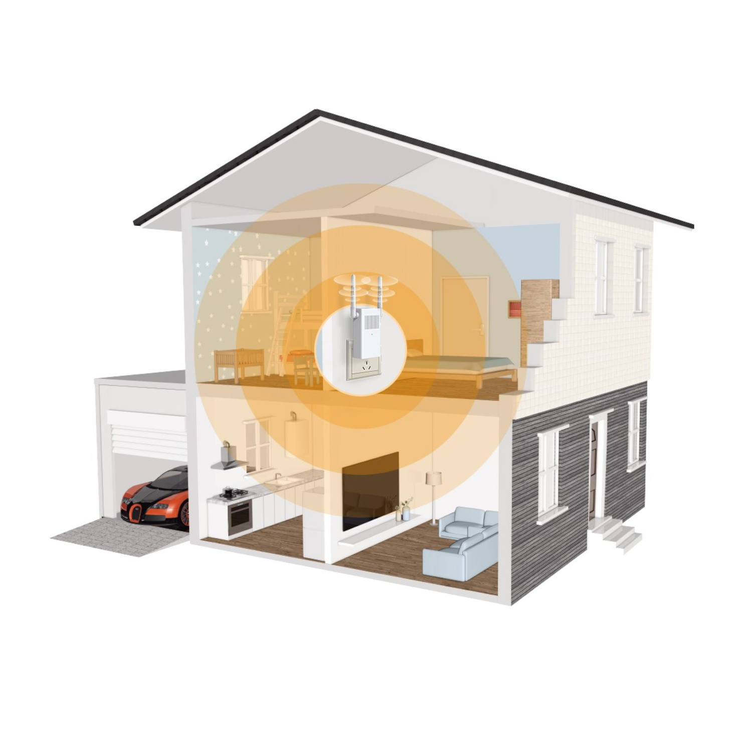 Corte transversal de una casa que muestra un router Wi-Fi que proporciona Internet. Coche en garaje.