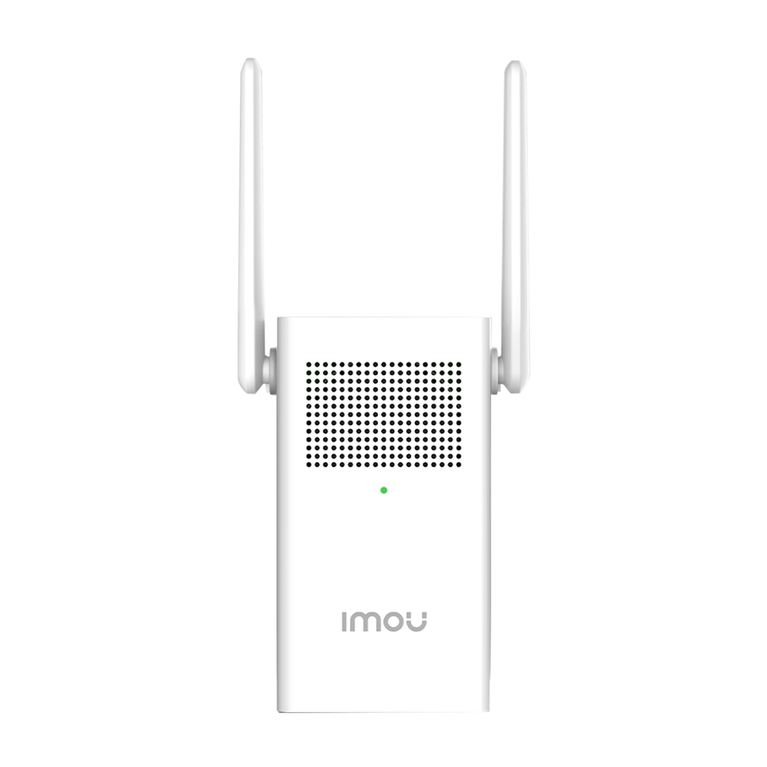 Un extensor wifi IMOU blanco con dos antenas. El fondo es de color negro liso.