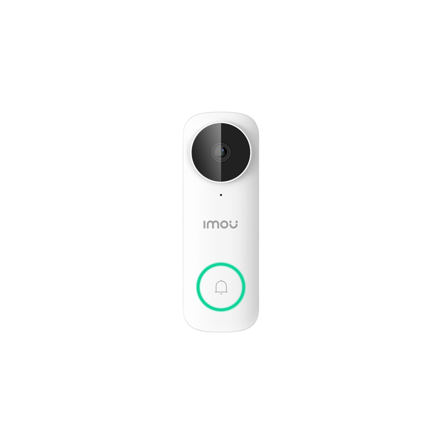 Eine weiße Imou Smart-Türklingel mit Kamera, Klingelknopf und schwarzem Hintergrund.