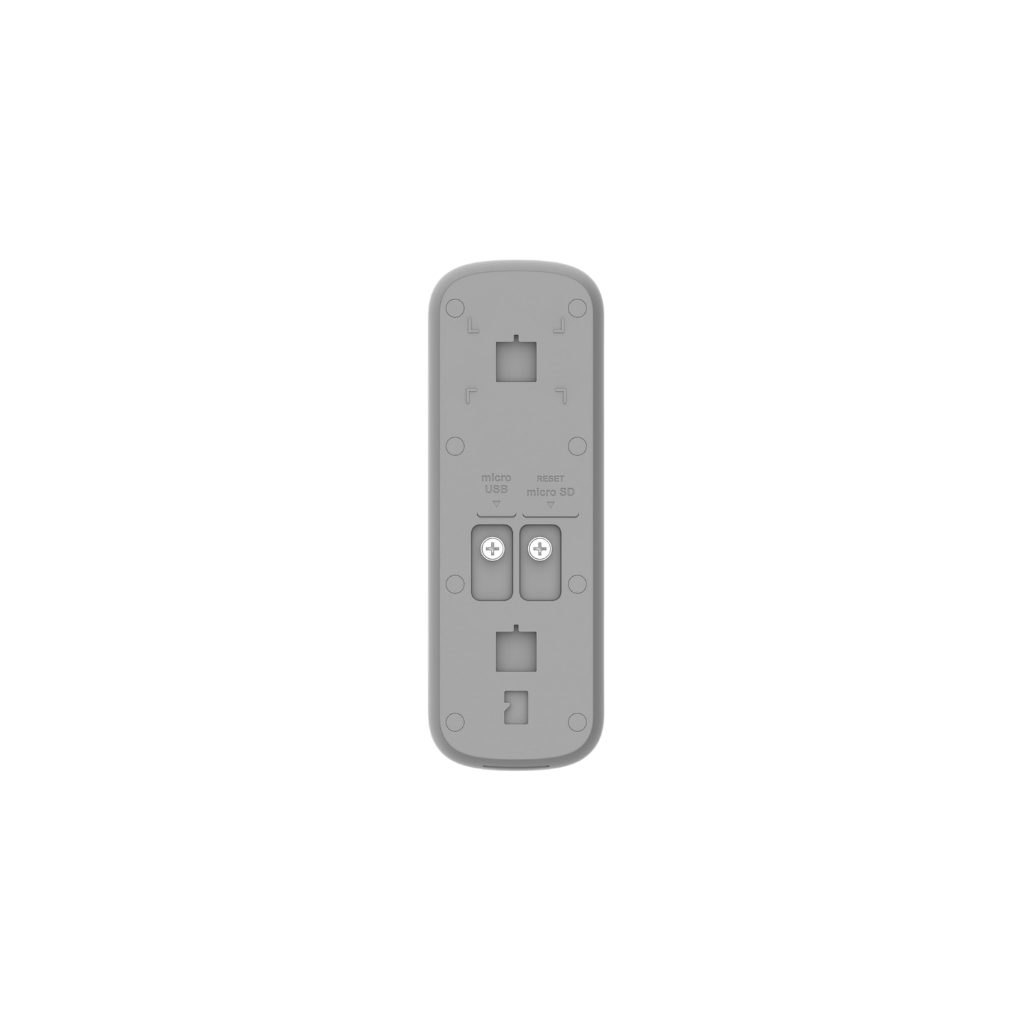 Graues Gerät mit Micro USB, Micro SD und Reset. Schwarzer Hintergrund.