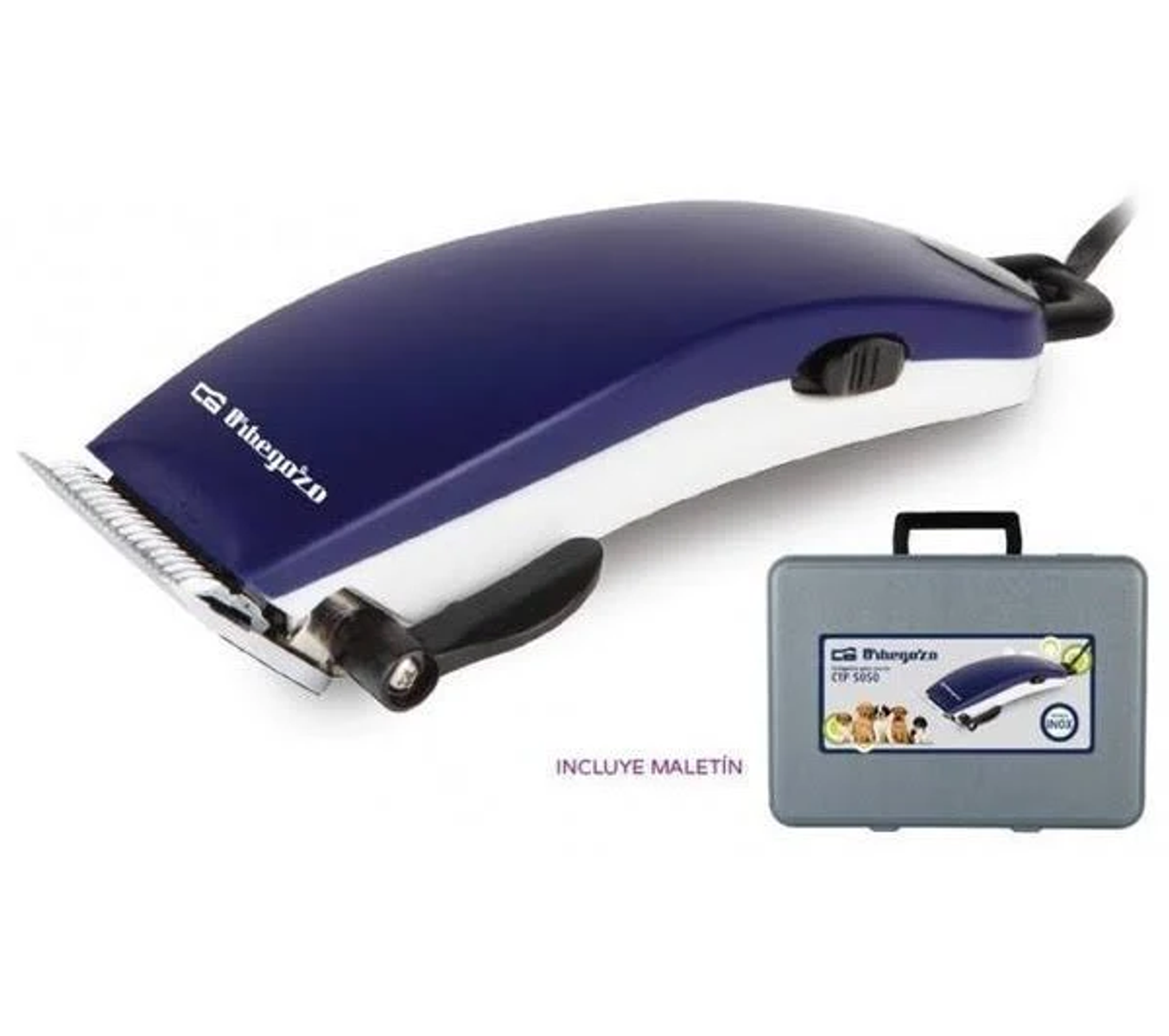 Tagliacapelli con corpo bianco e parte superiore blu navy, con custodia grigia.