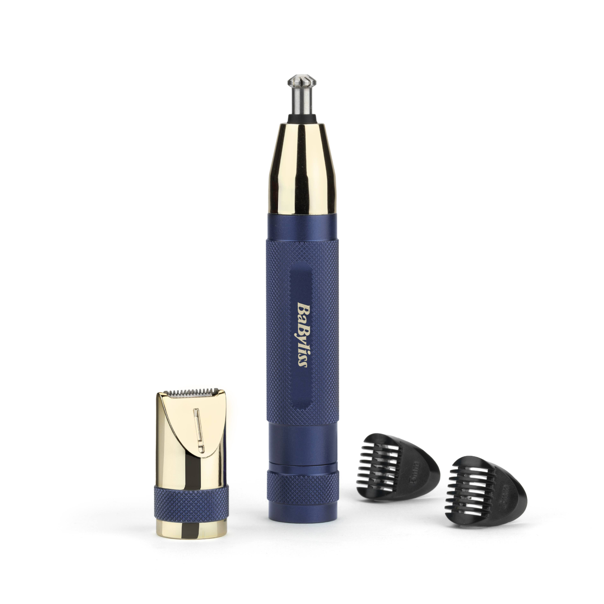 Tagliacapelli per peli del naso blu e oro e accessori. Sfondo bianco.