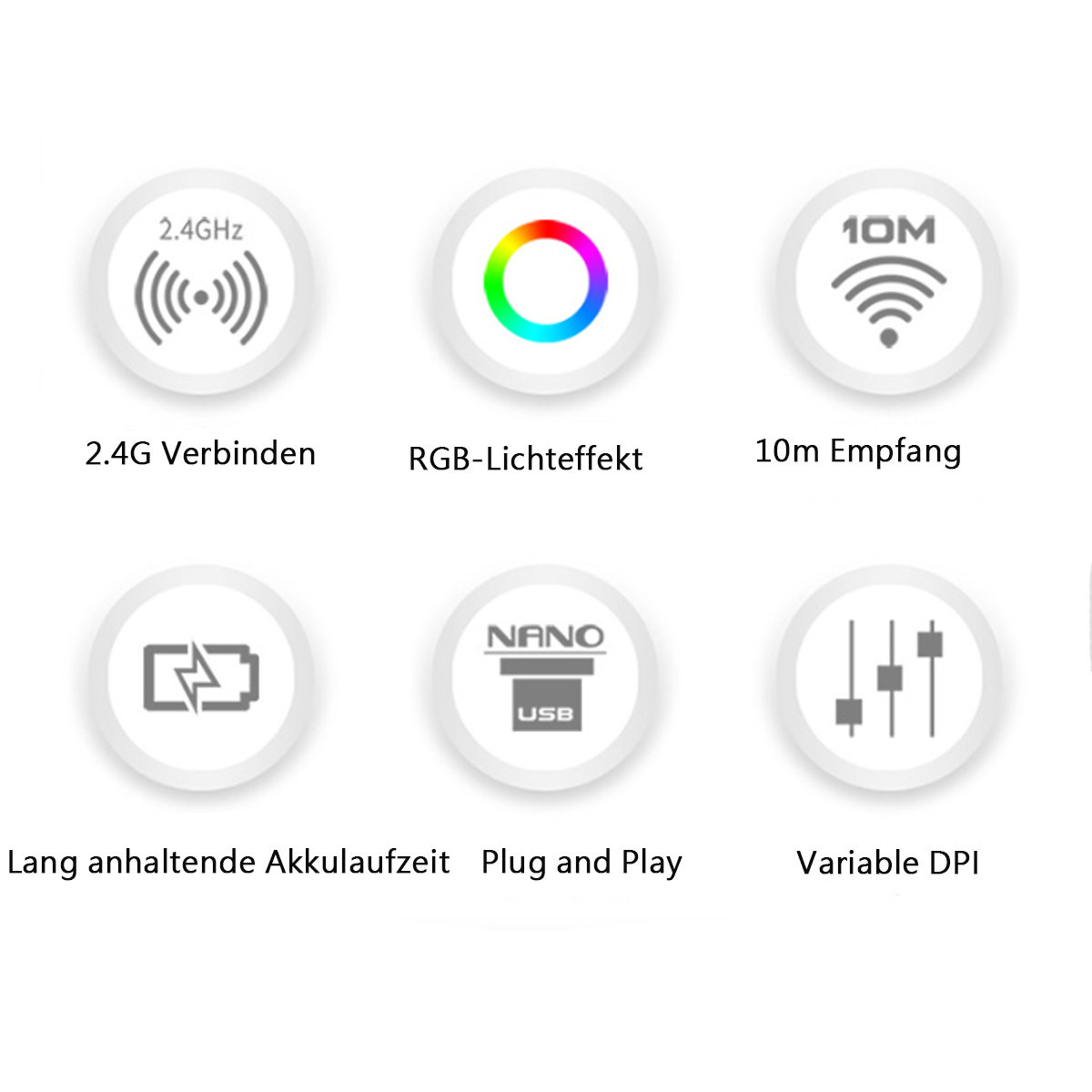 Symbole für Funktionen: 2,4G-Verbindung, RGB-Effekt, 10m Reichweite, lange Akkulaufzeit, Plug and Play, DPI.