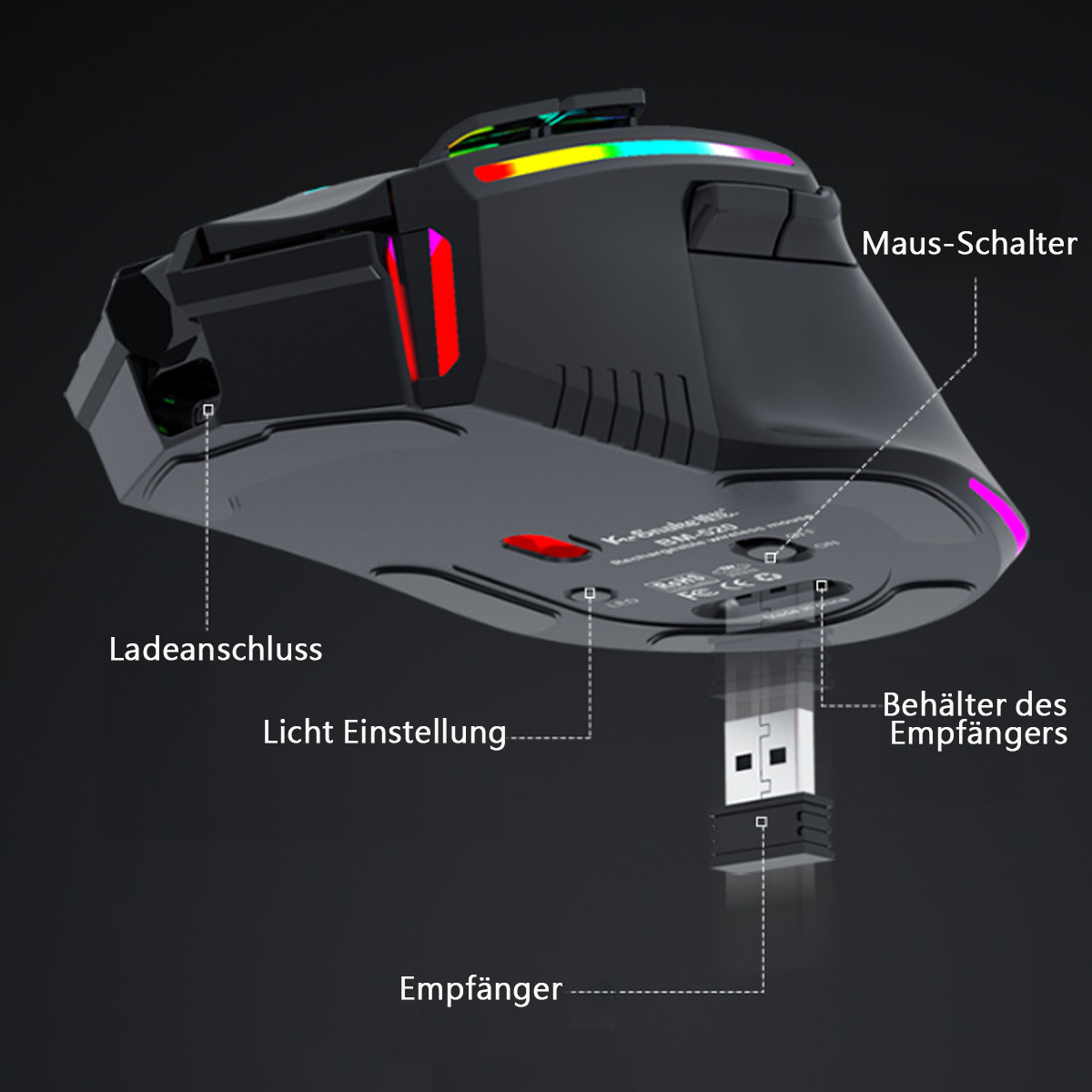 Gaming-Maus mit RGB-Beleuchtung. Enthält Ladeanschluss, Empfängerfach und einstellbare Tasten.