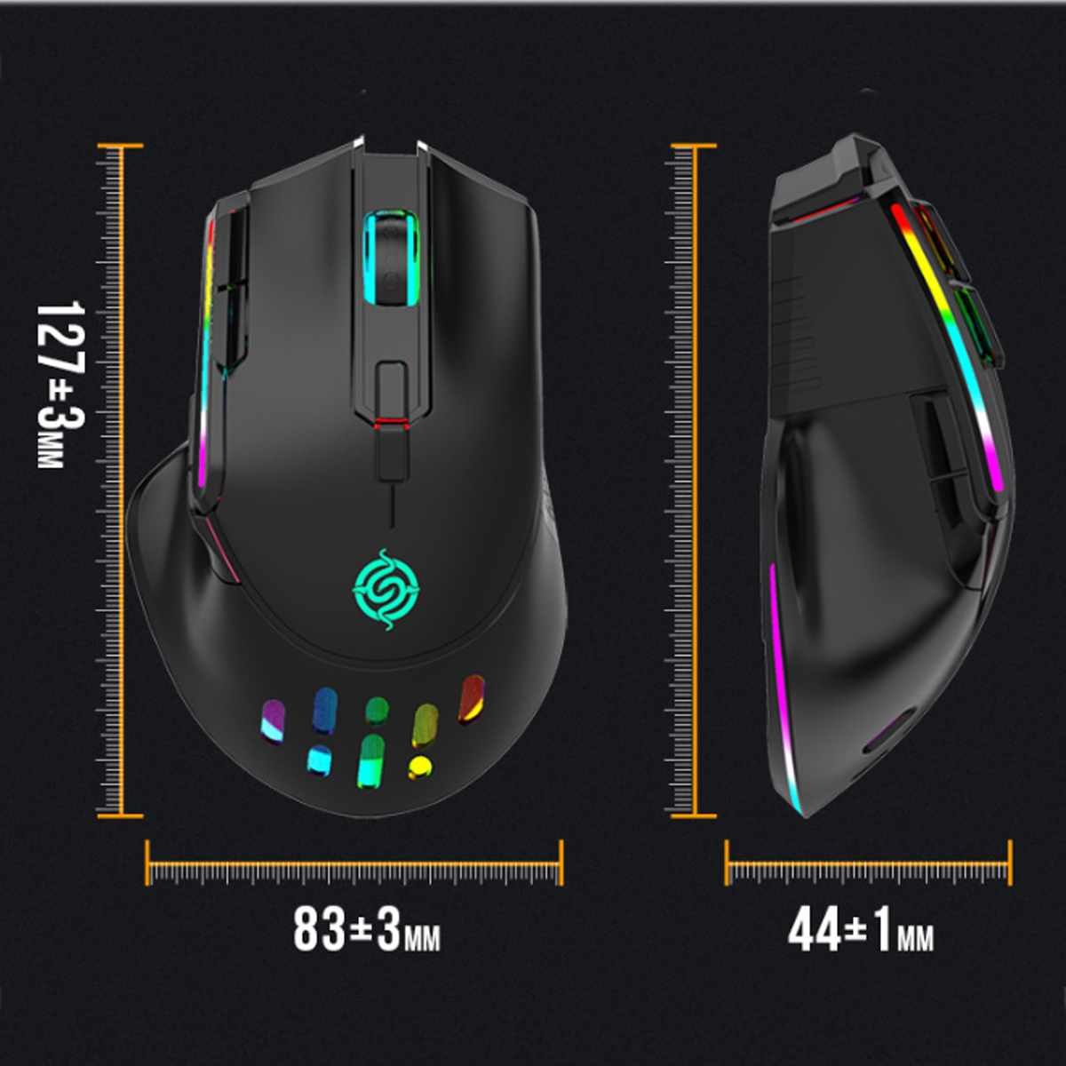 Eine schwarze Gaming-Maus mit Maßen. Die Maus hat verschiedene Tasten und farbenfrohe beleuchtete Akzente.