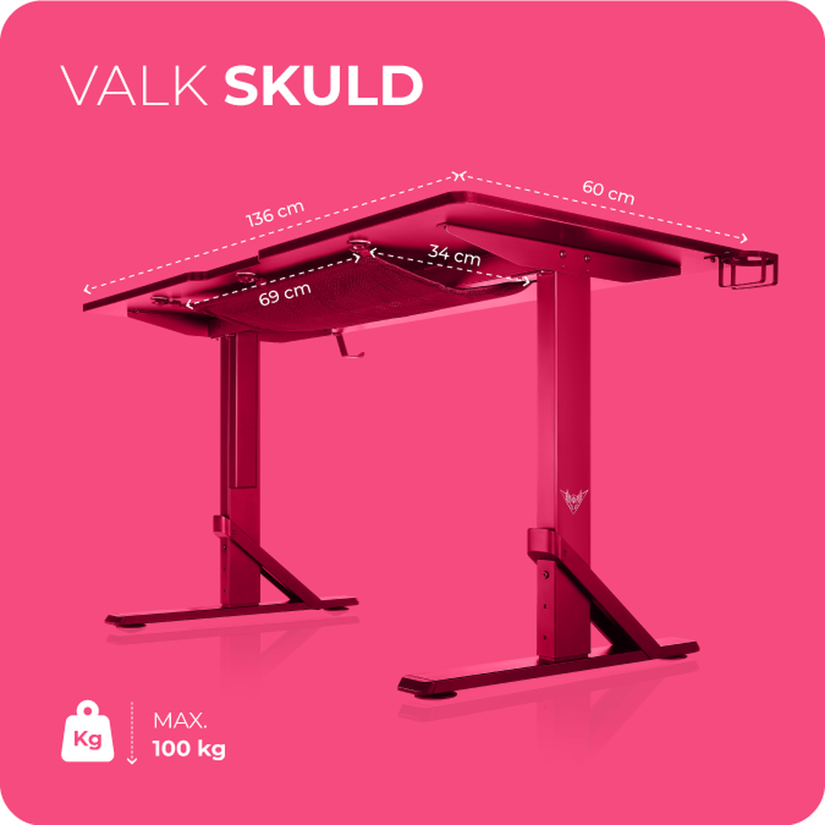 Escritorio rojo y negro con dimensiones. El escritorio dice VALK SKULD.