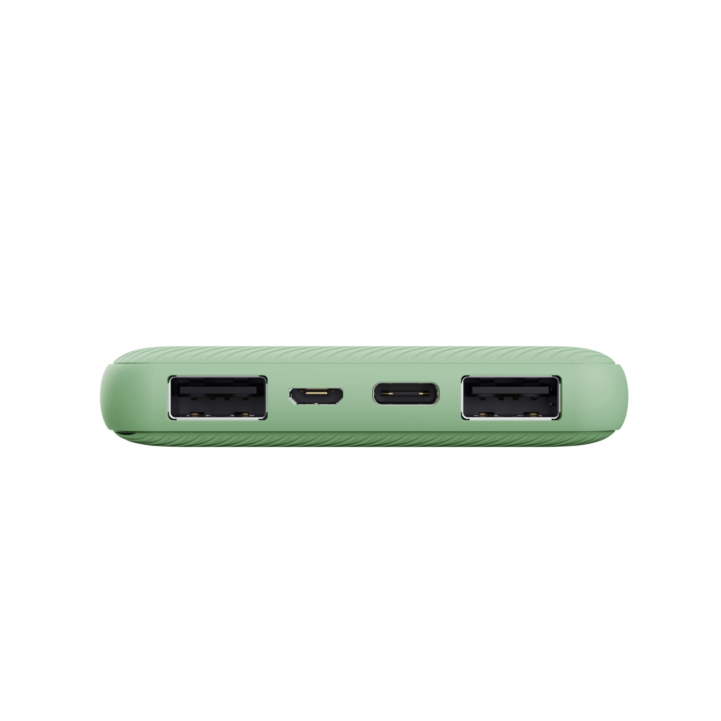 Een groene powerbank met USB- en USB-C-poorten op een zwarte achtergrond.