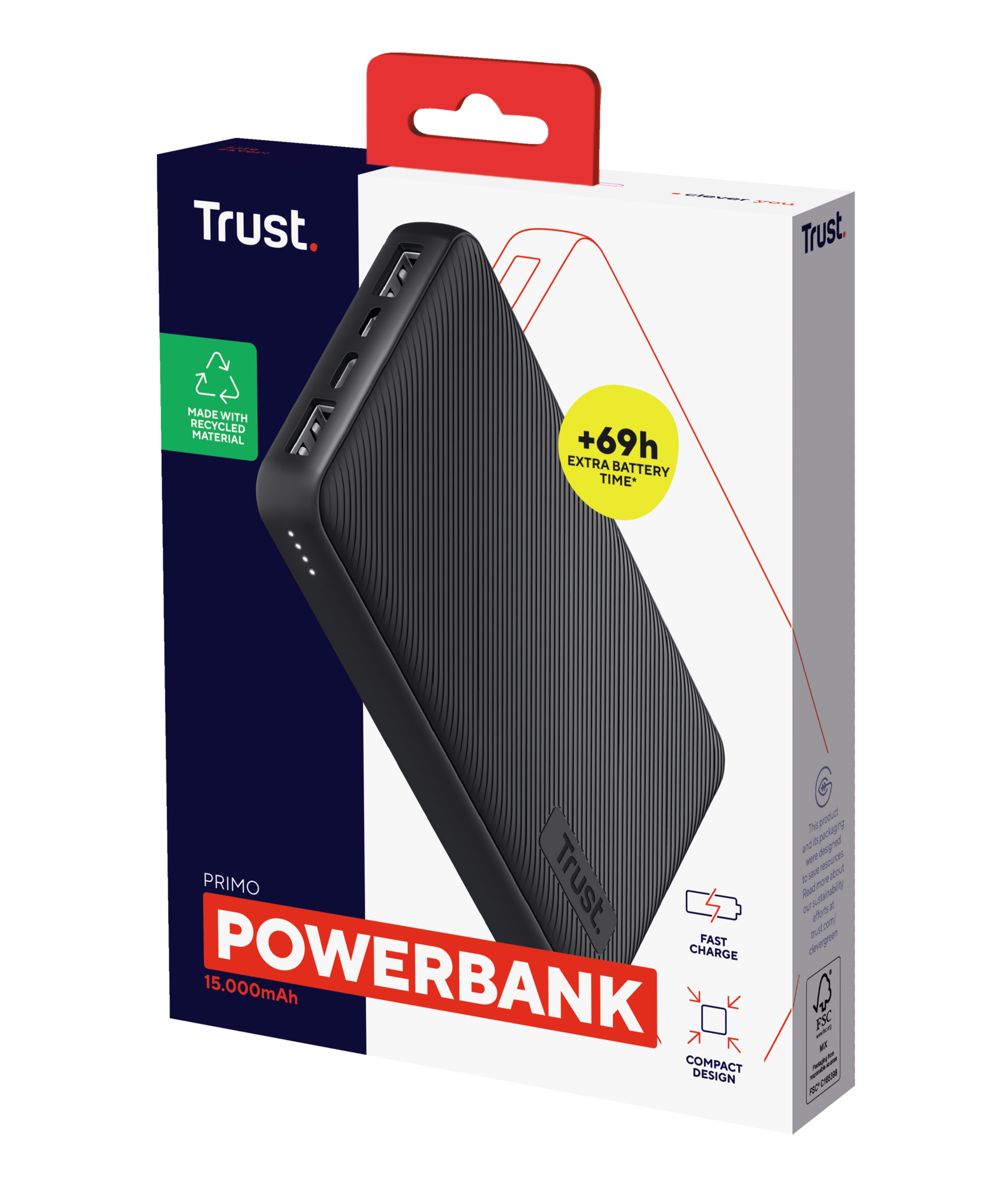Czarny powerbank z czarnym i czerwonym pudełkiem, z logo Trust i szczegółami produktu.