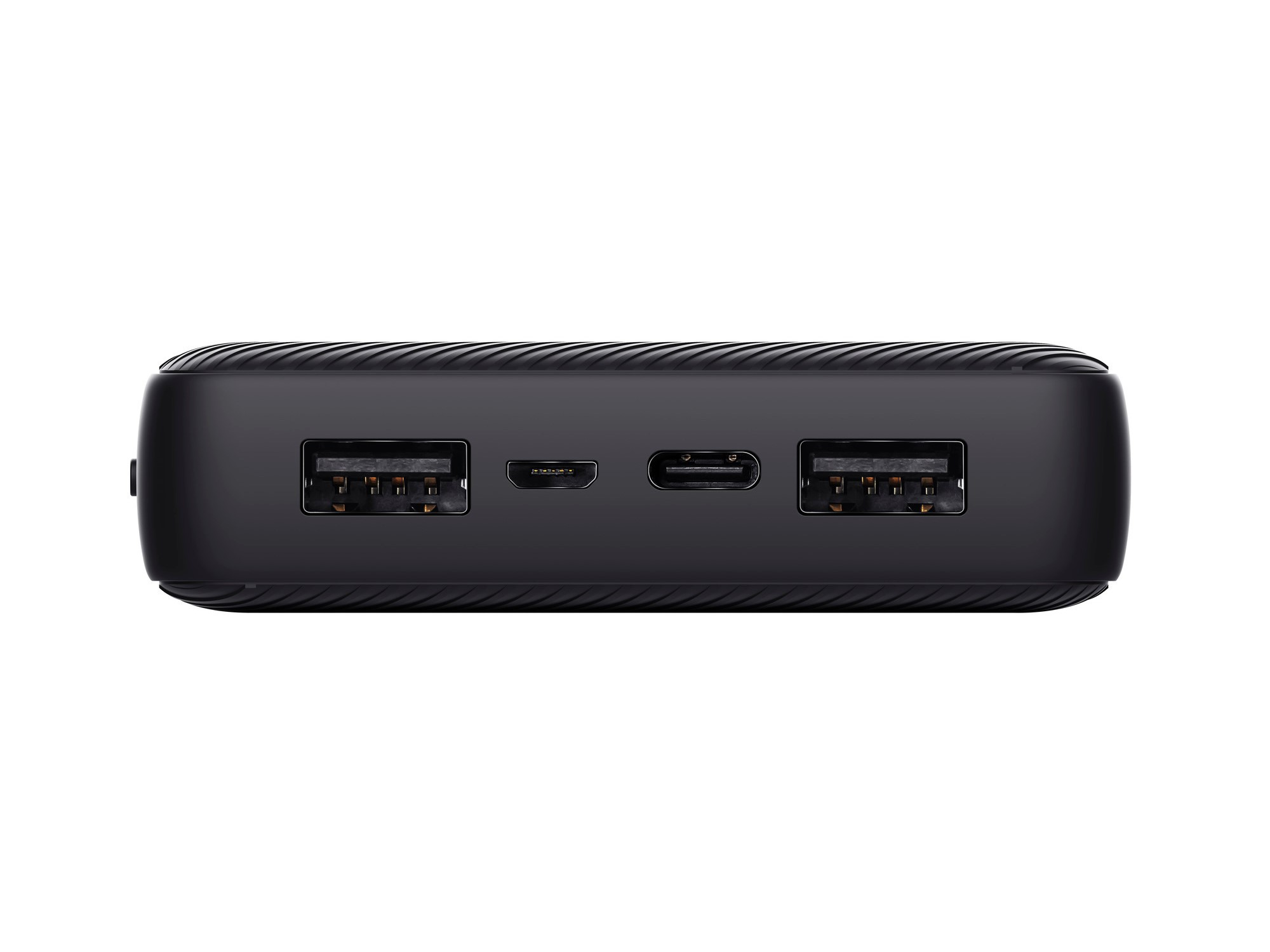 Czarny power bank z dwoma portami USB, portem Micro-USB i portem USB-C.