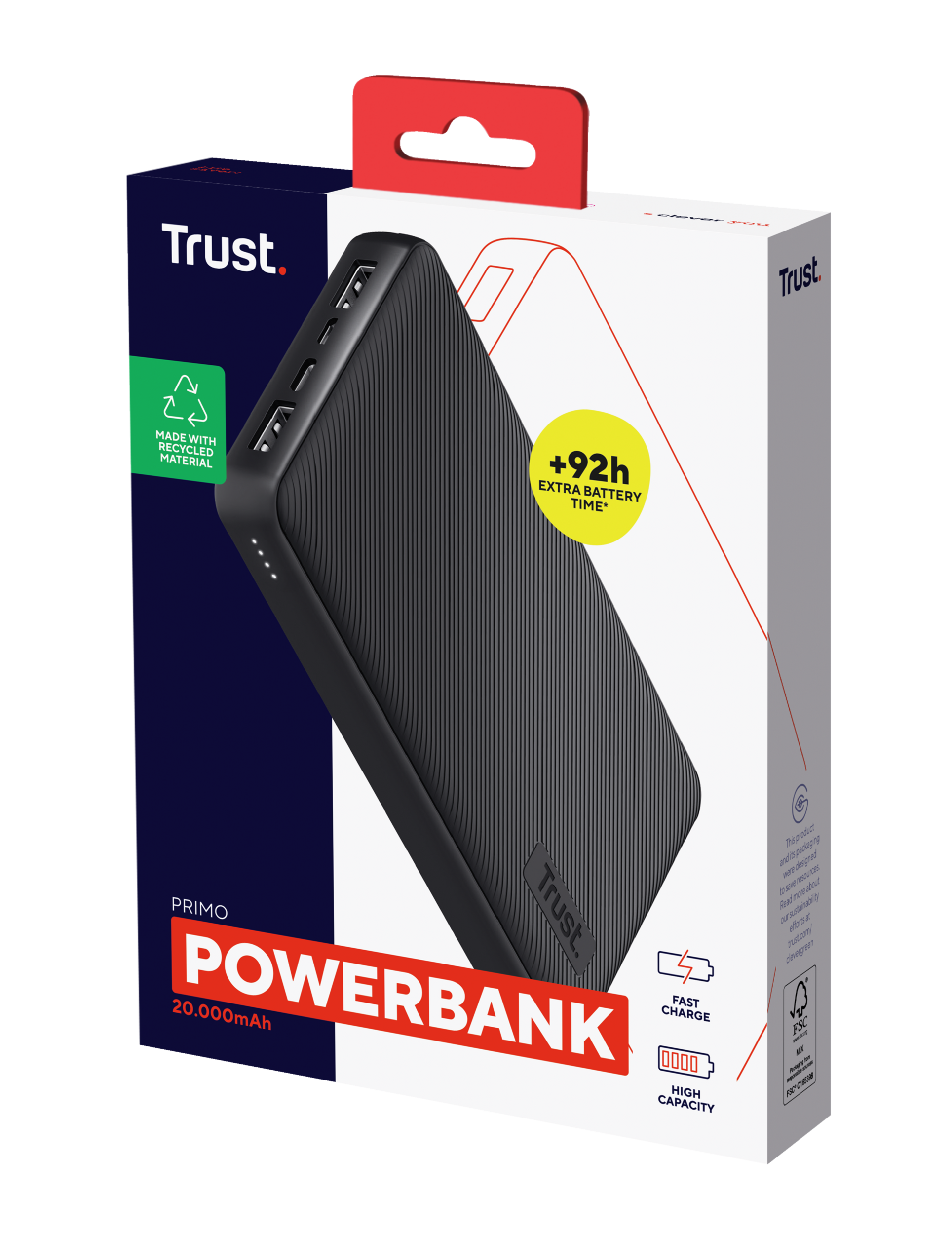 Czarny power bank w białym i niebieskim pudełku. Czerwone logo.