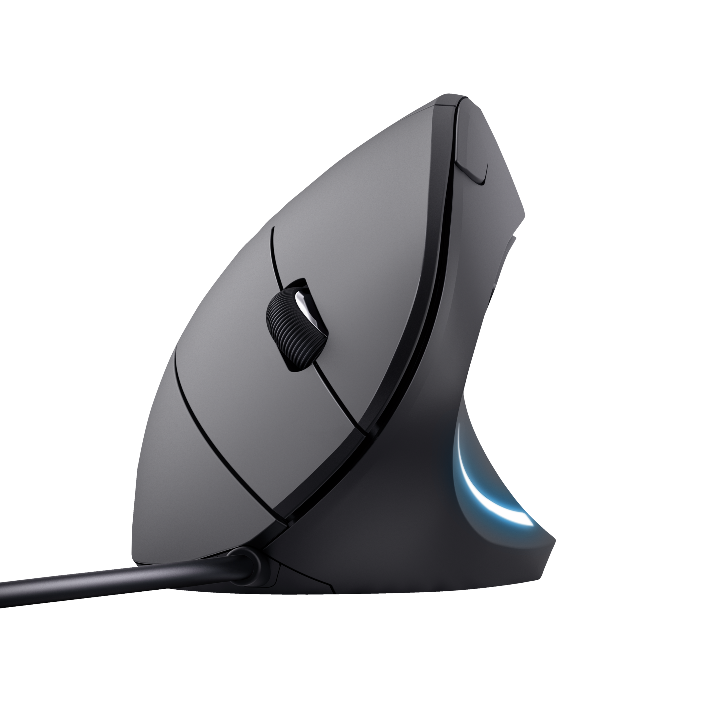 Szara ergonomiczna mysz na czarnym tle. Jest pochylona, z kółkiem przewijania i bocznymi przyciskami.