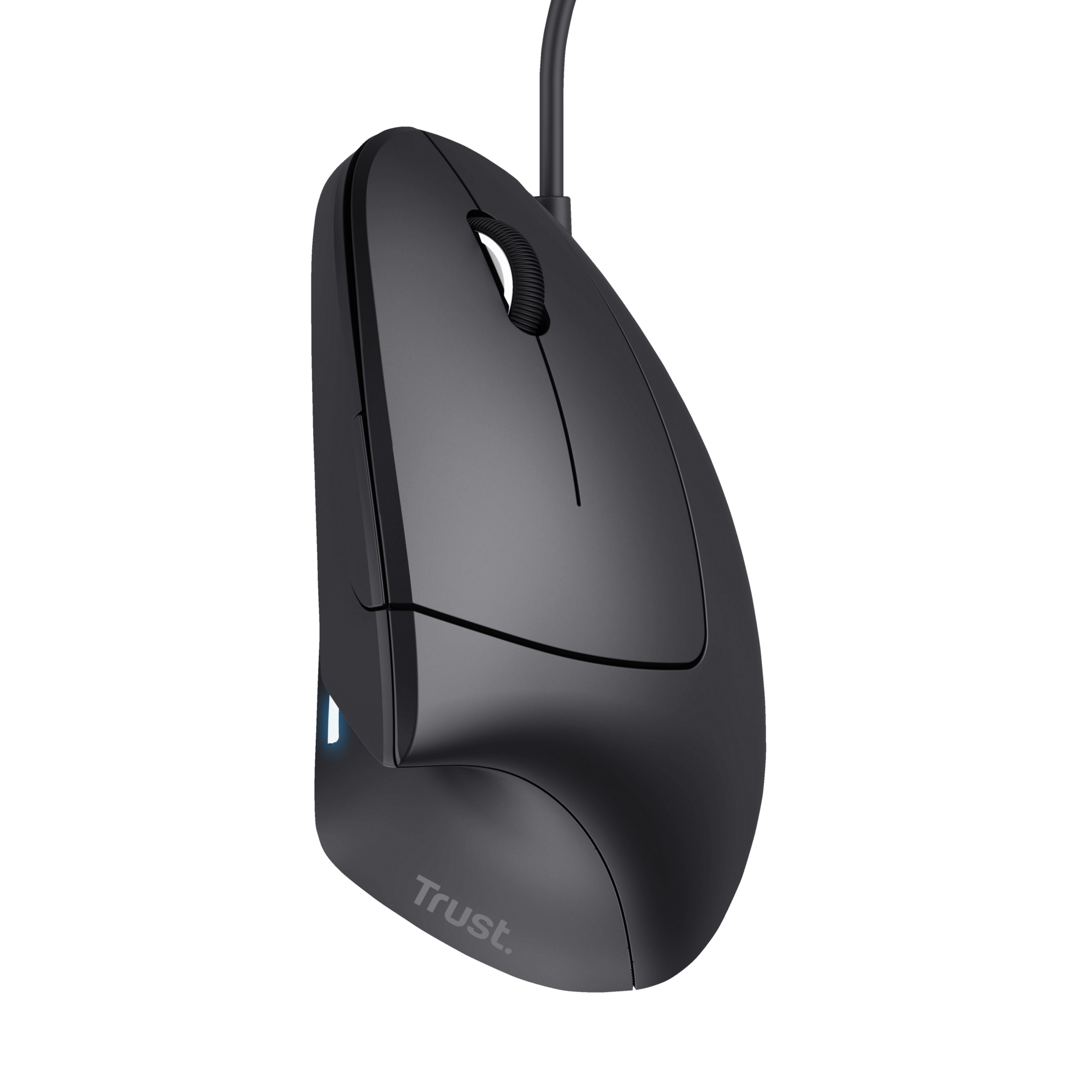 Czarna ergonomiczna mysz z zakrzywionym designem, kółkiem przewijania i logo Trust na czarnym tle.