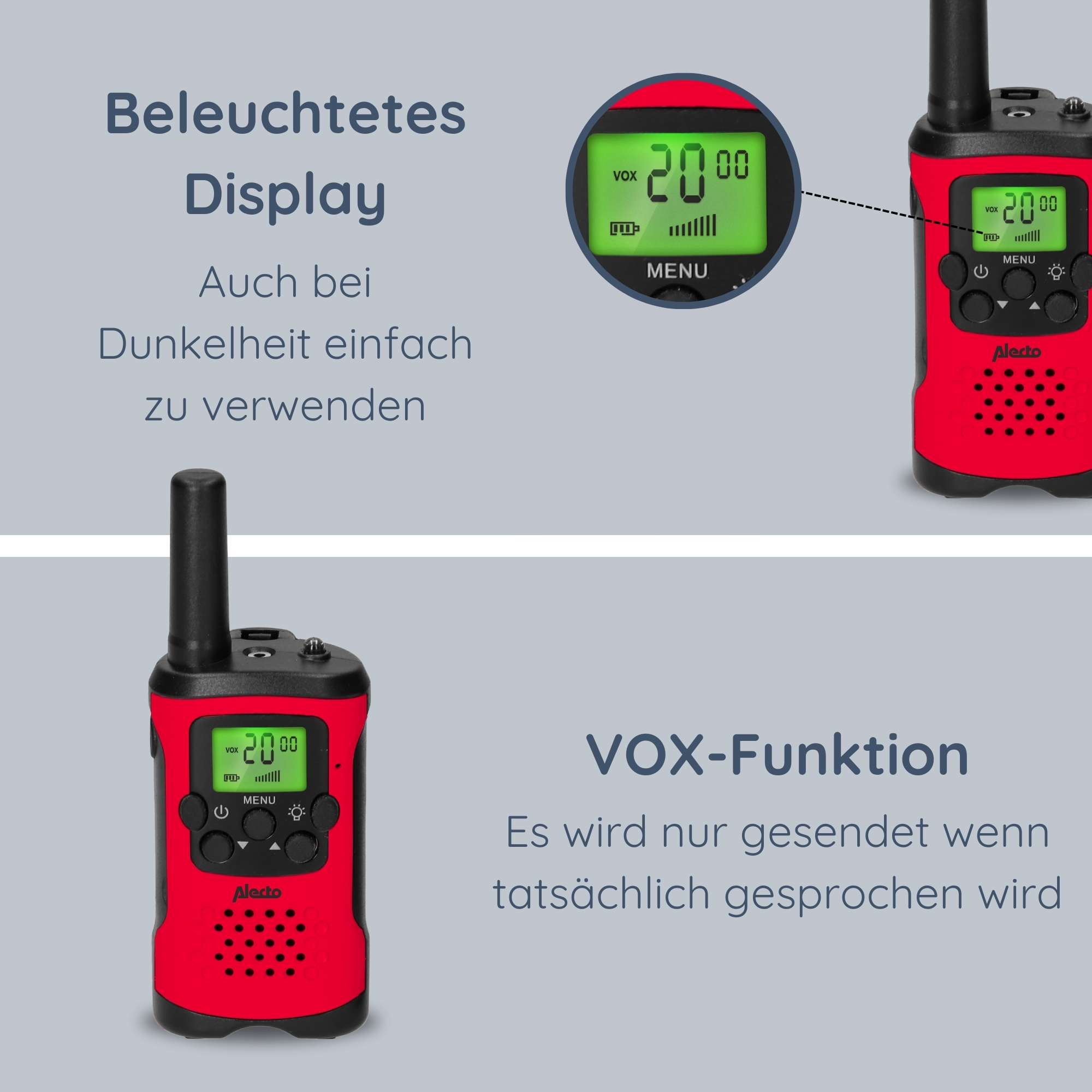 Czerwone krótkofalówki z wyświetlaczem i szczegółami funkcji VOX. Tekst w języku niemieckim, pokazujący funkcje urządzenia.